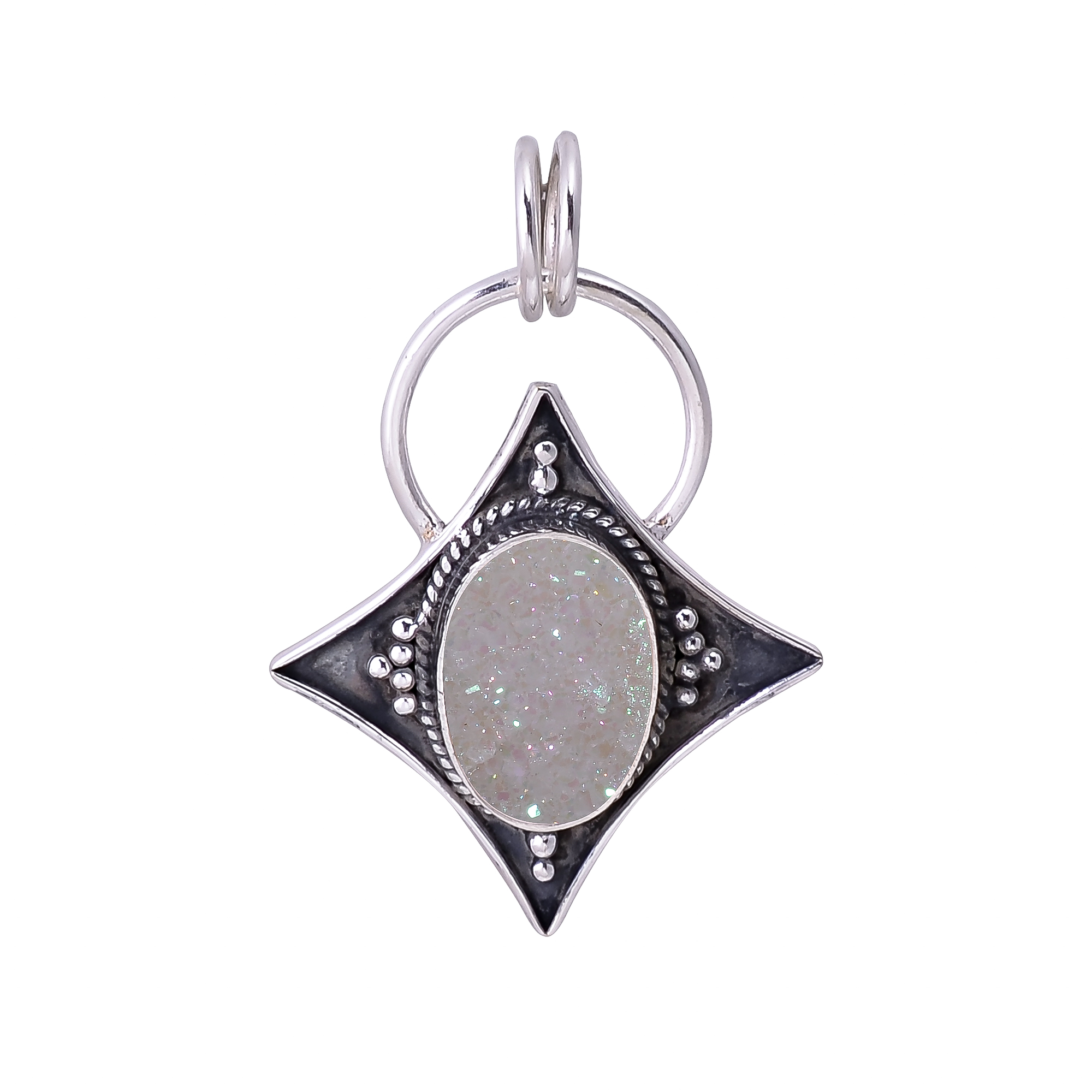 Snow White Titanium Agate Drusy 925 Solid Sterling Silver Pendant