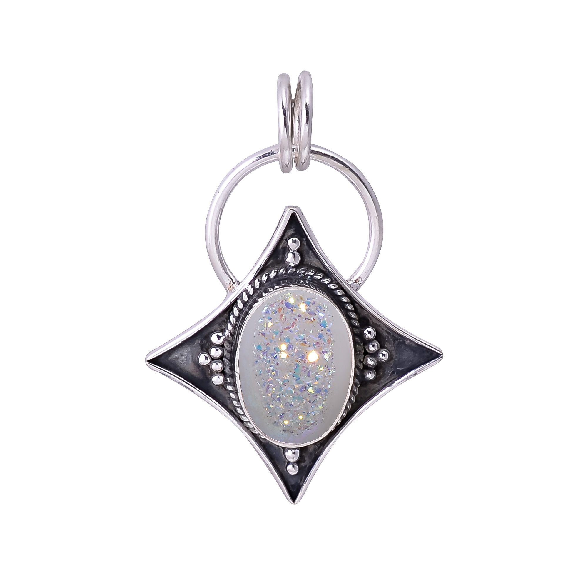 Snow White Titanium Agate Drusy 925 Solid Sterling Silver Pendant