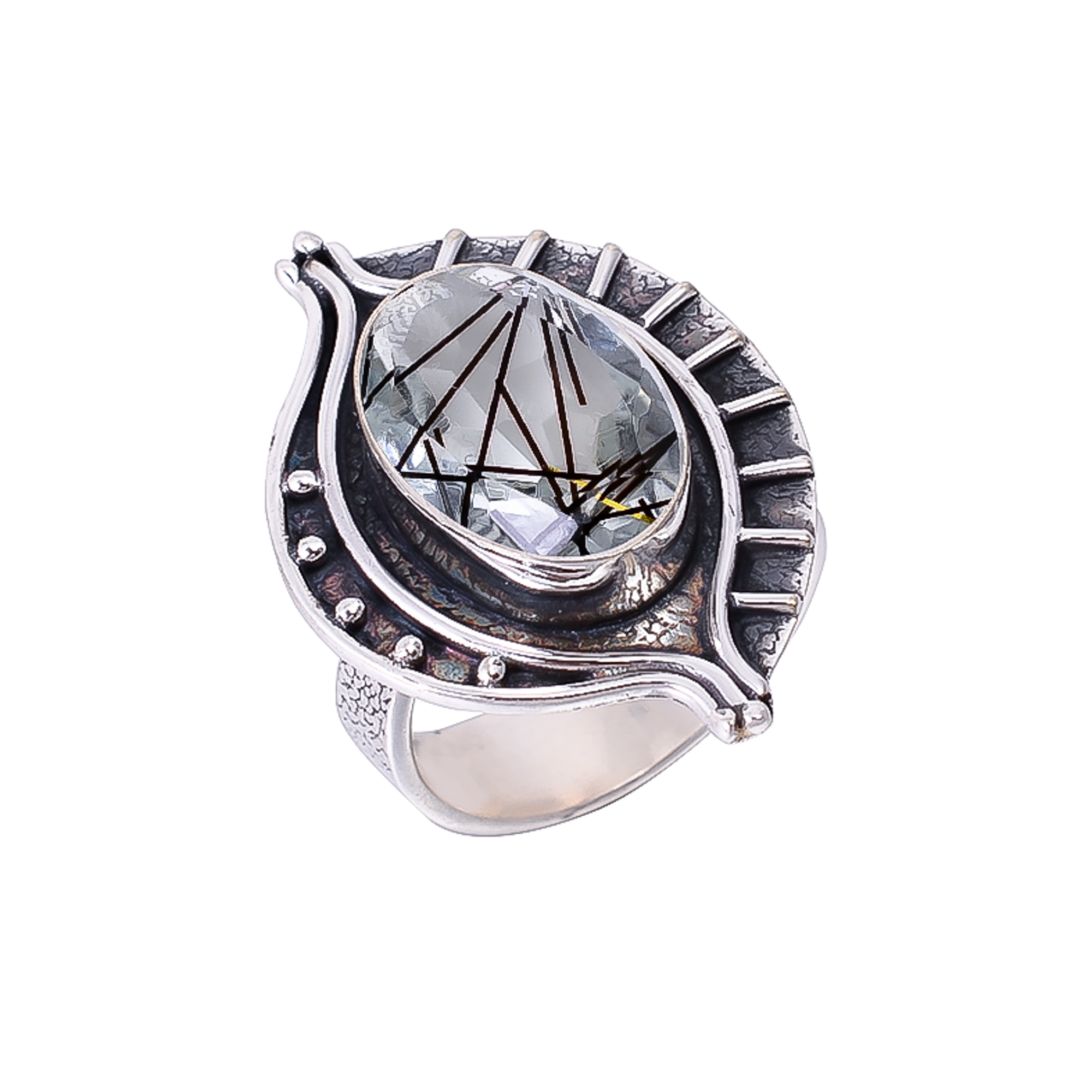 Black Rutilated Quartz - Simulated 925 Sterling Silver Ring