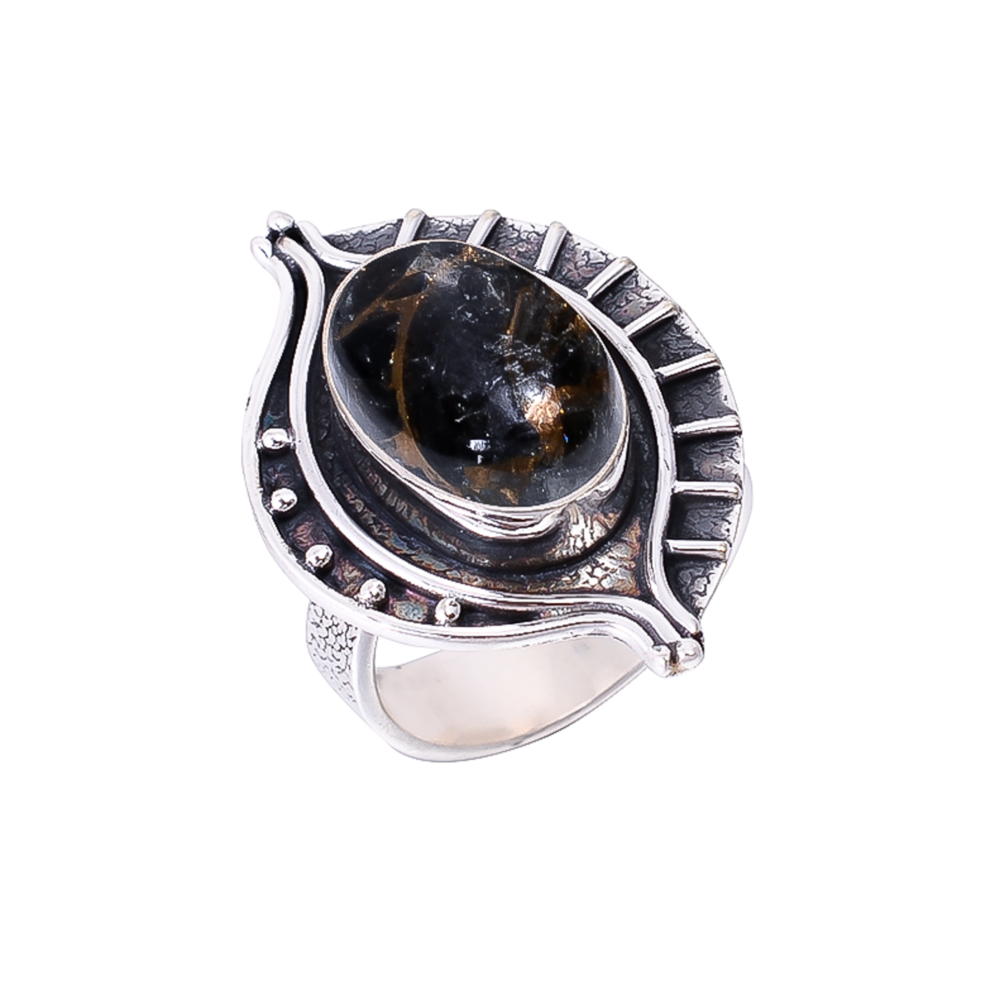 Copper Black Obsidian 925 Sterling Silver Ring