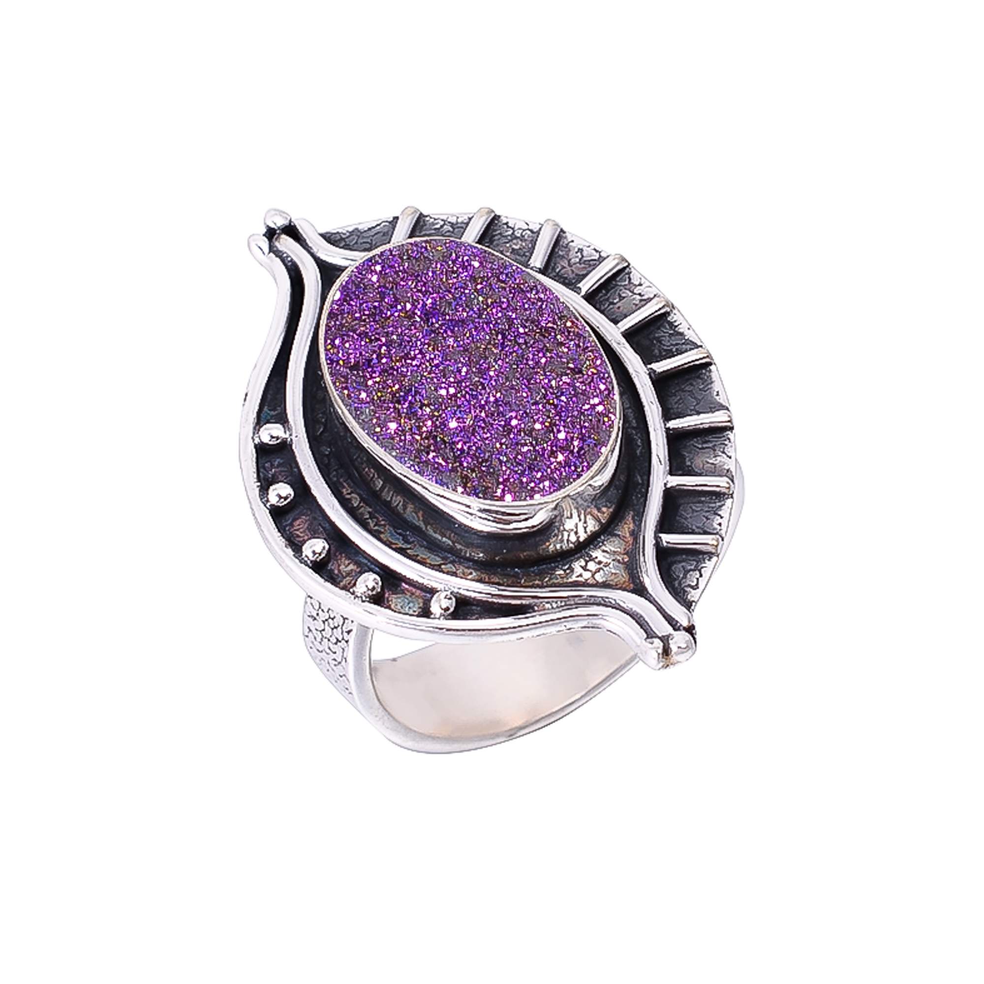 Purple Titanium Agate Drusy 925 Sterling Silver Ring