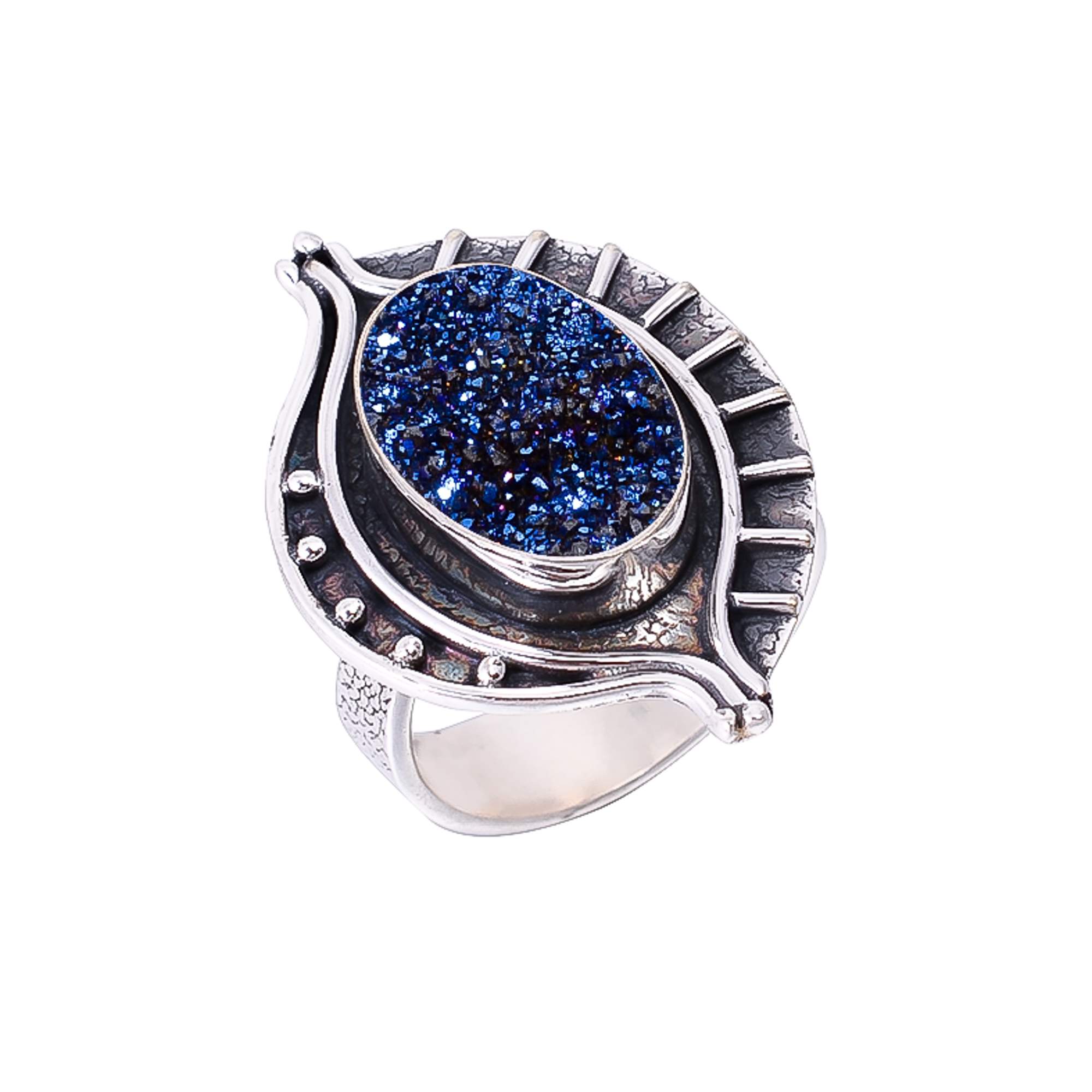 Electric Blue Titanium Agate Drusy 925 Sterling Silver Ring
