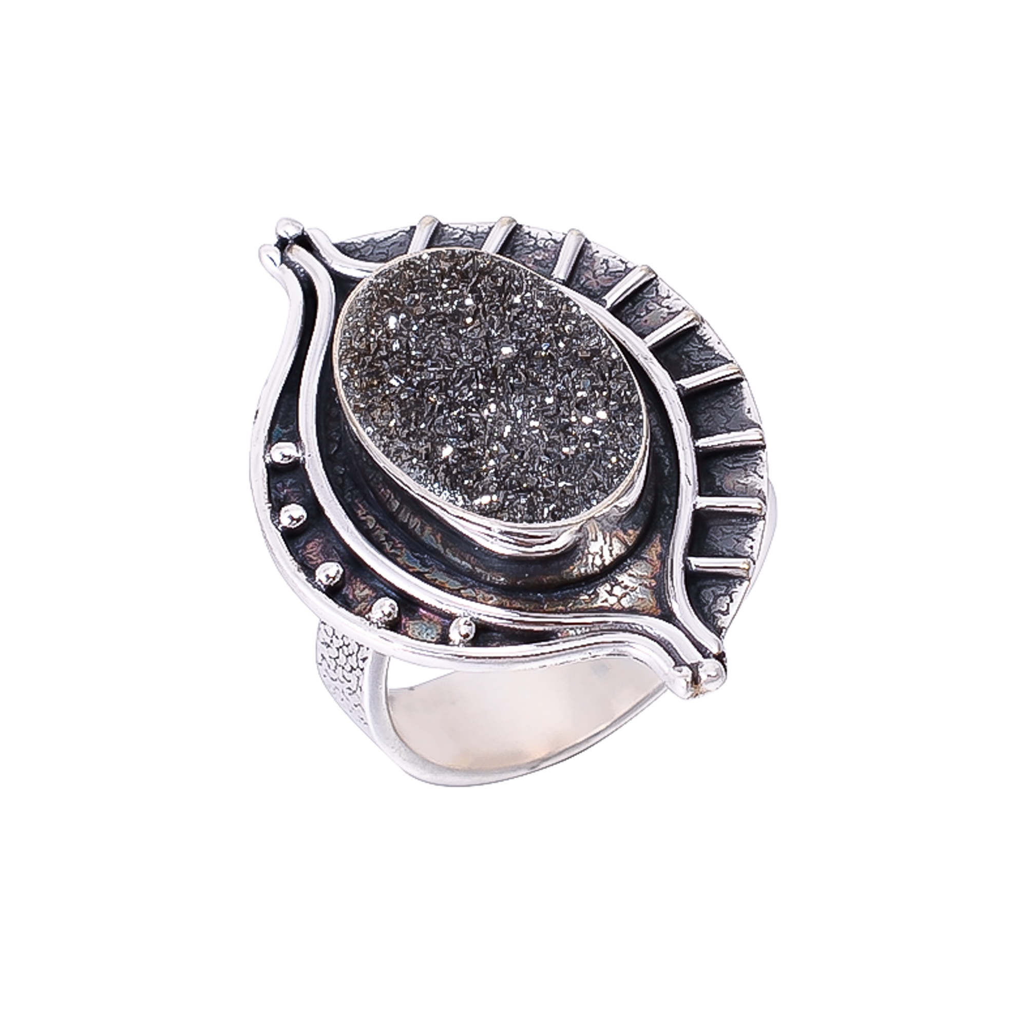 Black Titanium Agate Drusy 925 Sterling Silver Ring