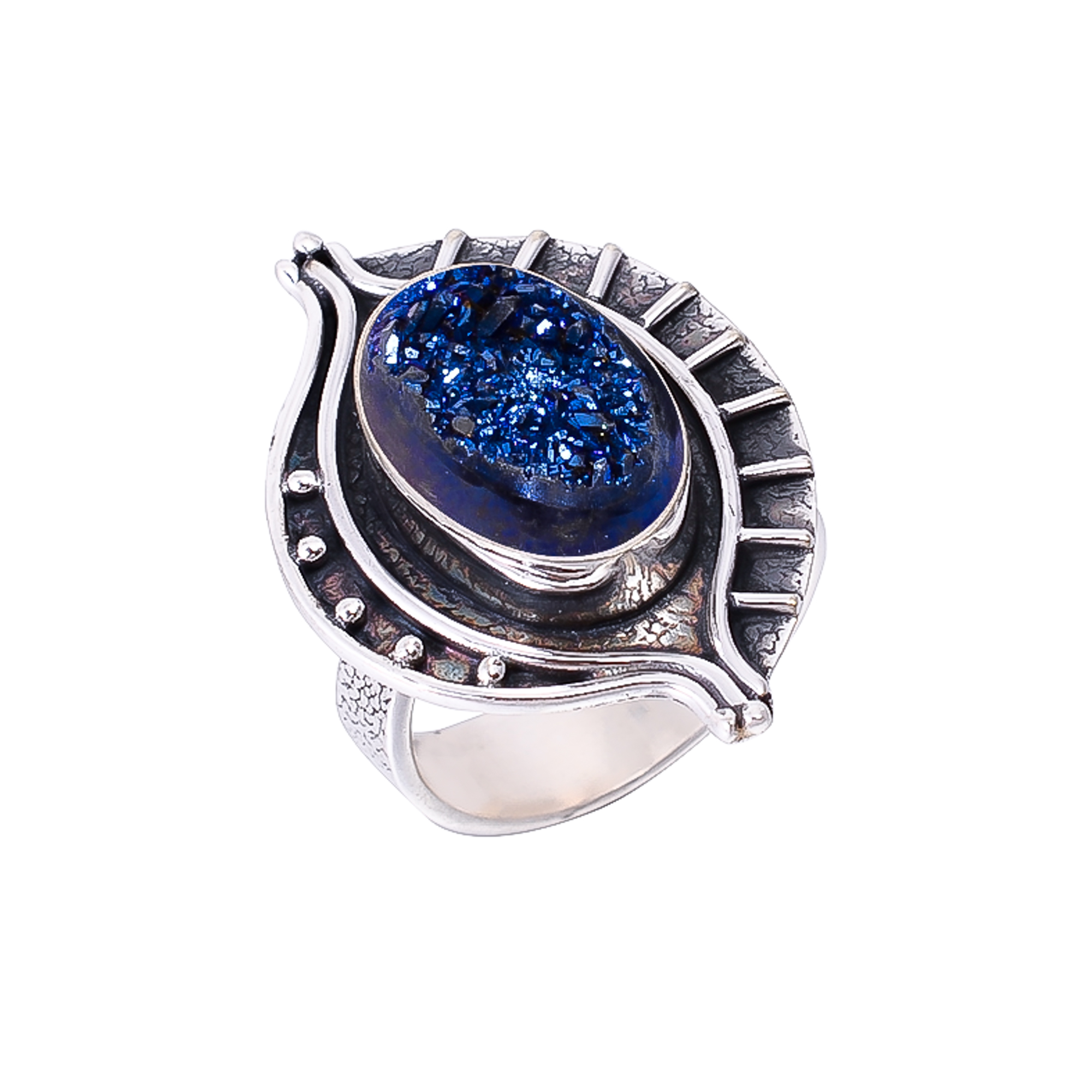 Electric Blue Titanium Agate Drusy 925 Sterling Silver Ring