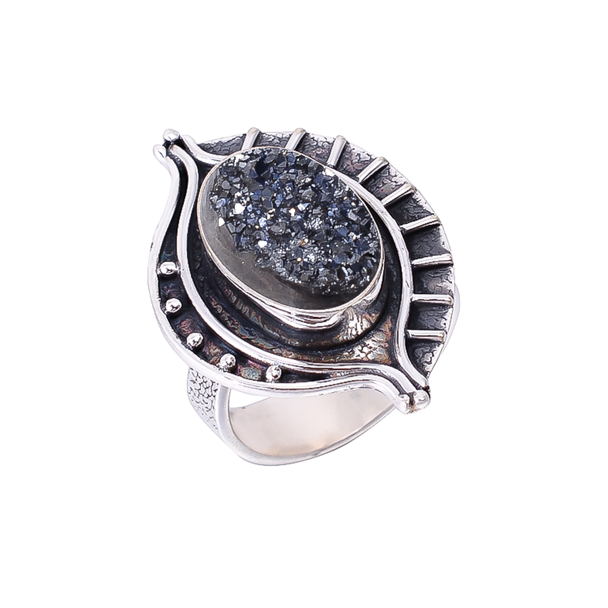 Black Titanium Agate Drusy 925 Sterling Silver Ring