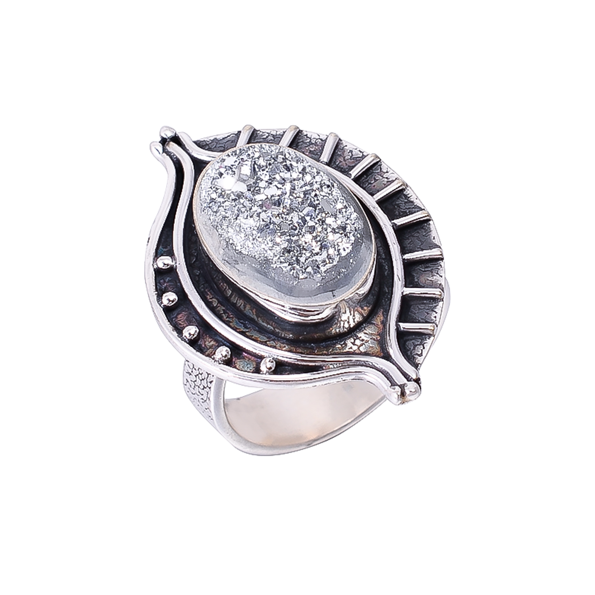 Silver Titanium Agate Drusy 925 Sterling Silver Ring