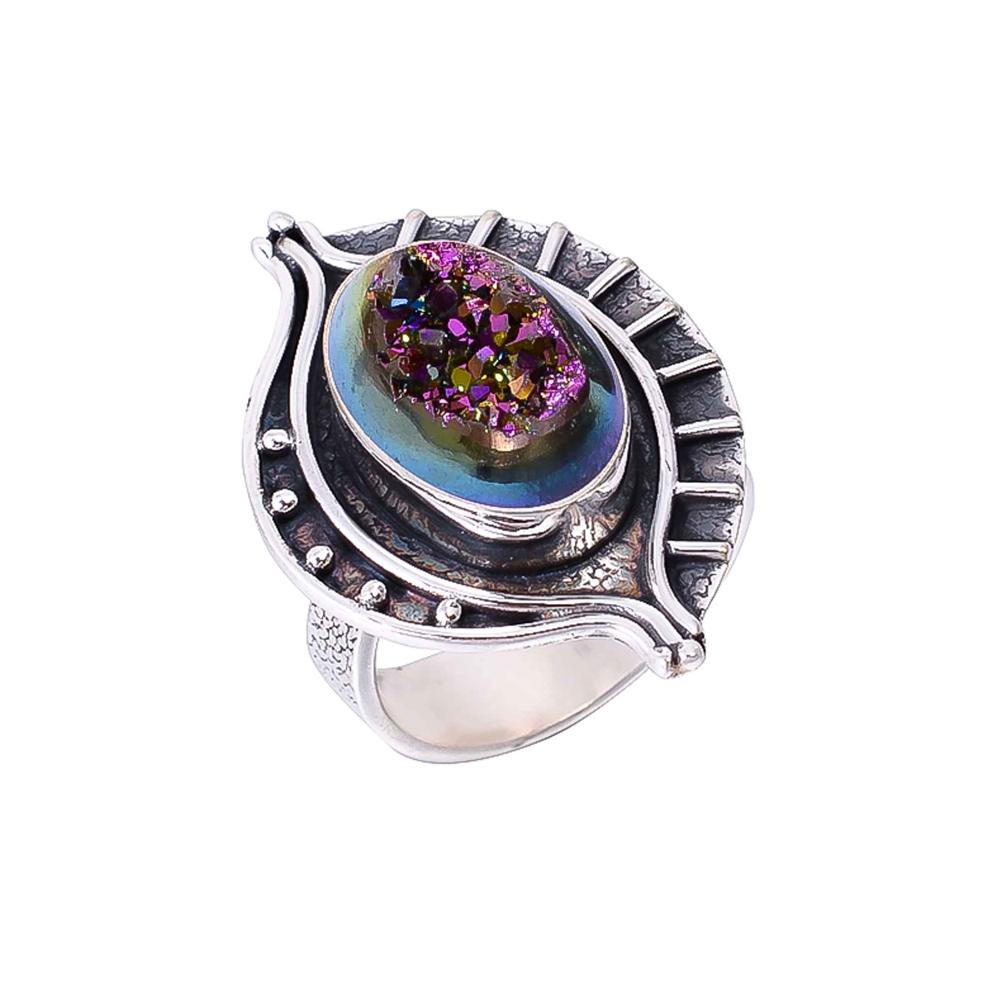 Peacock Titanium Agate Drusy 925 Sterling Silver Ring