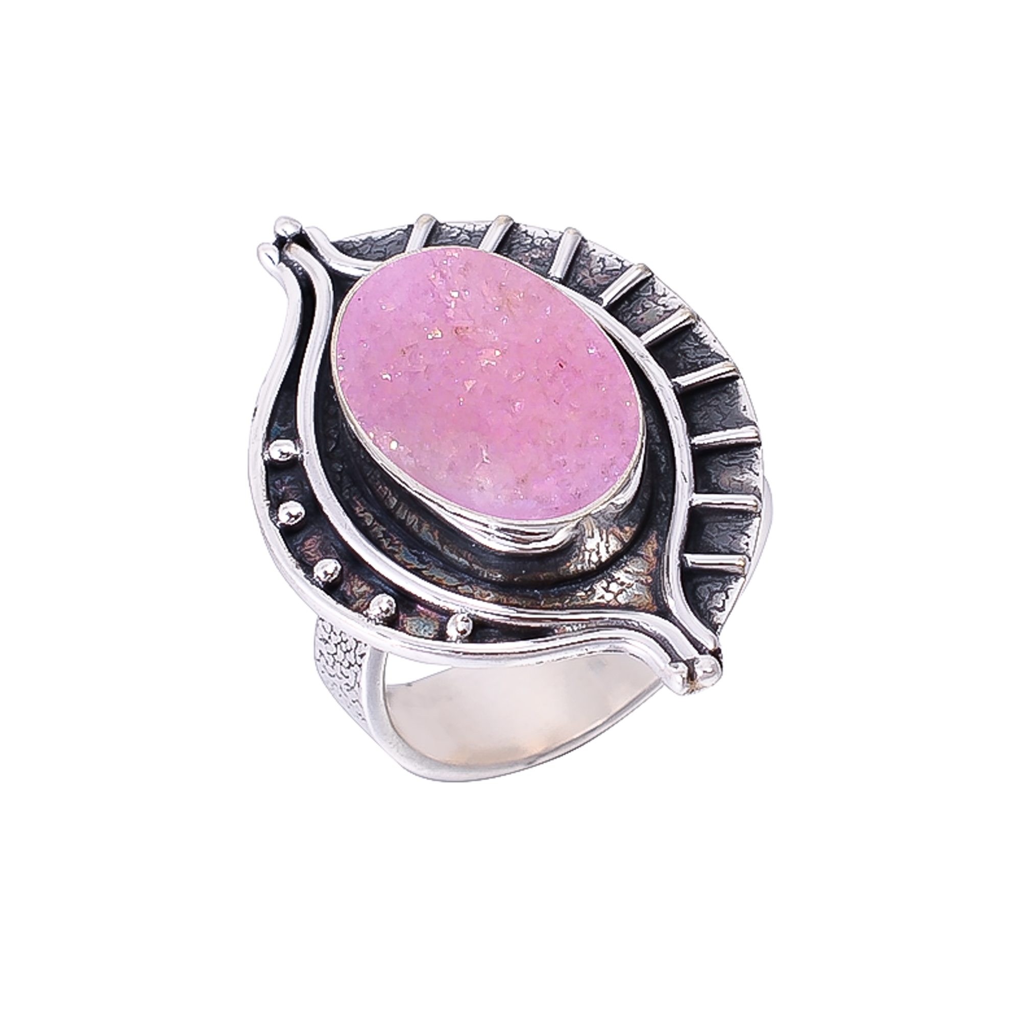 Pink Quartz Drusy - India 925 Sterling Silver Ring