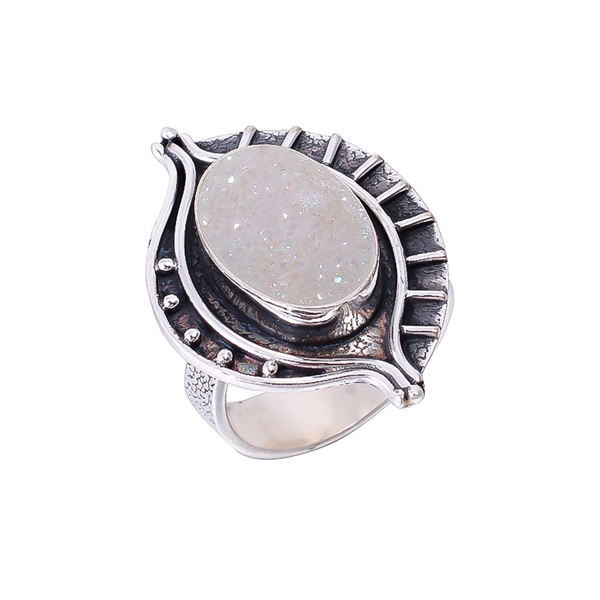 Snow White Titanium Agate Drusy 925 Sterling Silver Ring