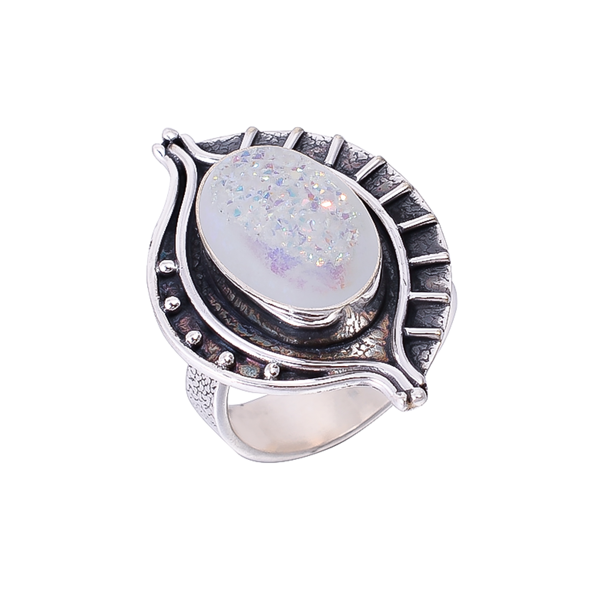 Snow White Titanium Agate Drusy 925 Sterling Silver Ring