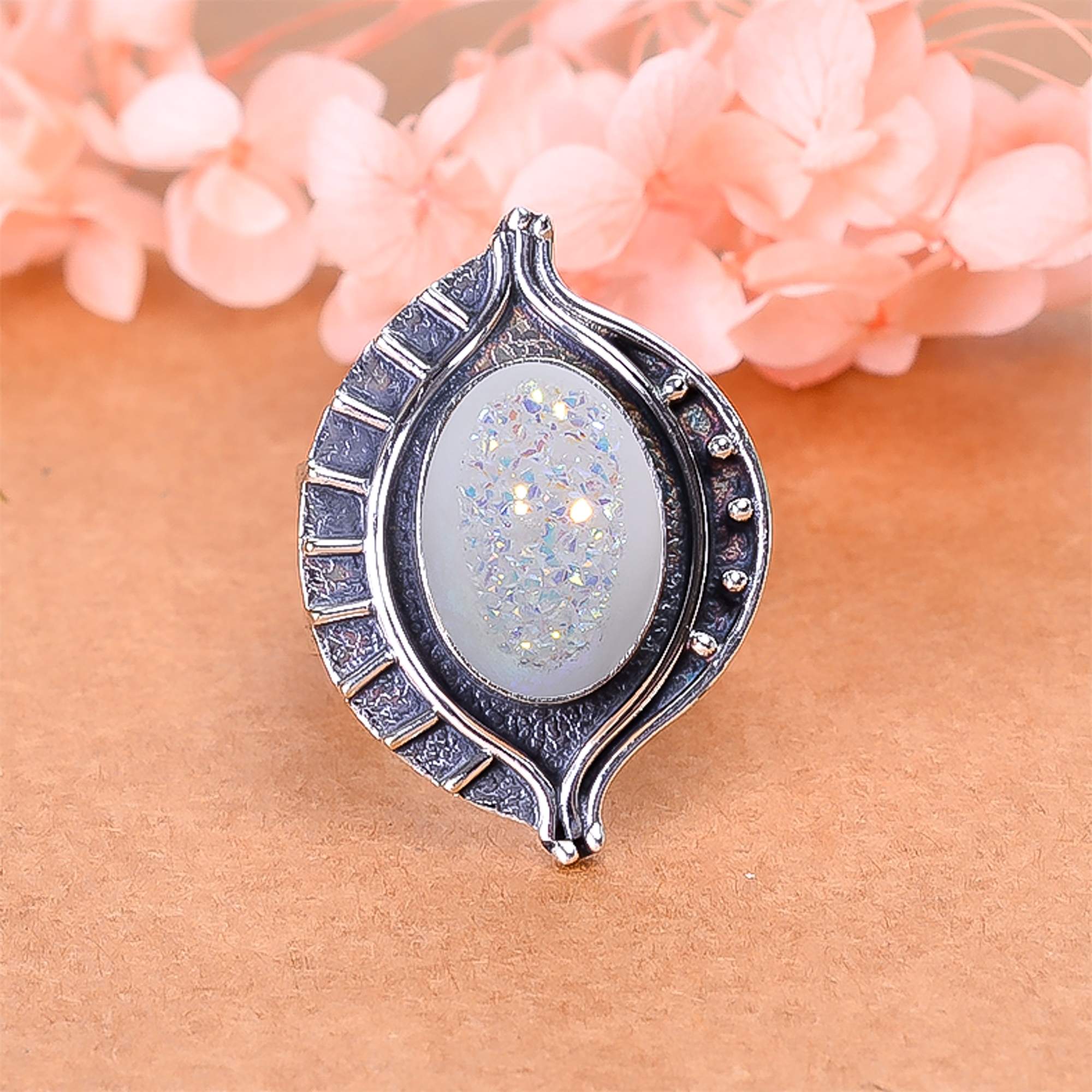 Snow White Titanium Agate Drusy 925 Sterling Silver Ring