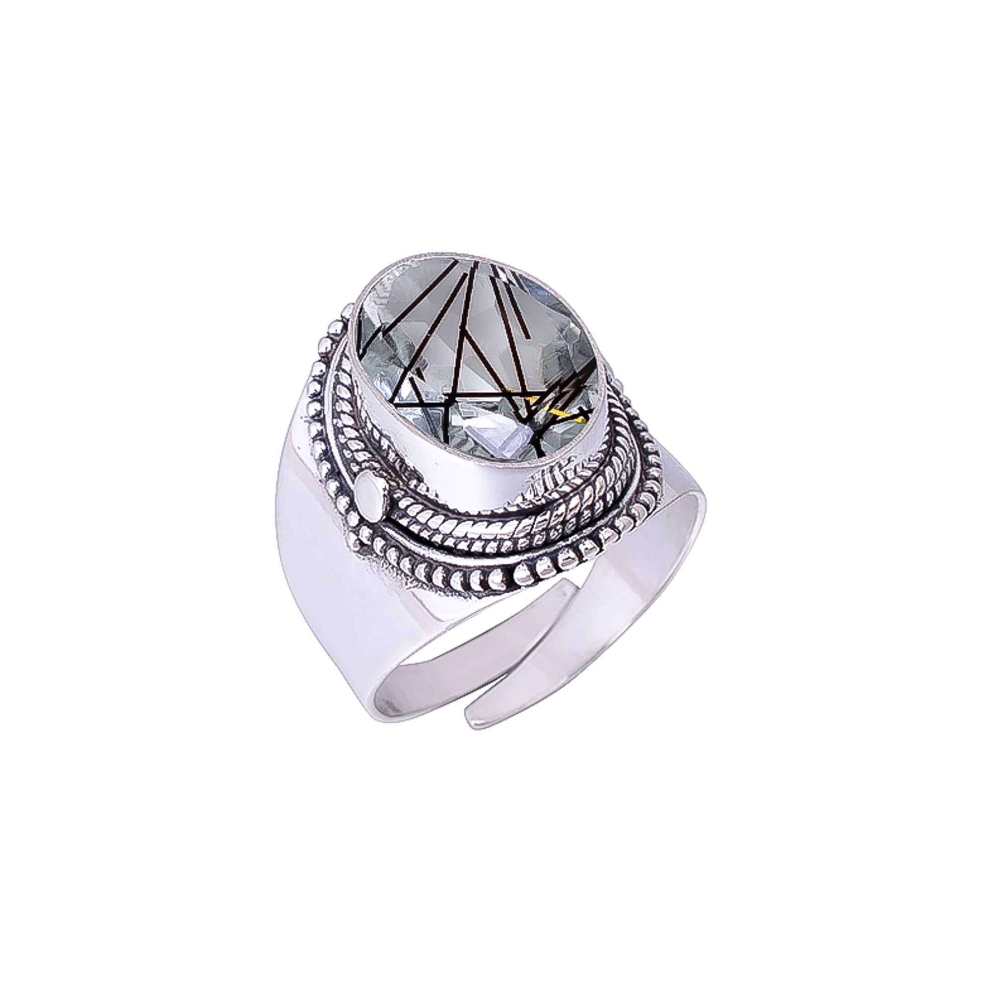 Black Rutilated Quartz - Simulated 925 Sterling Silver Ring