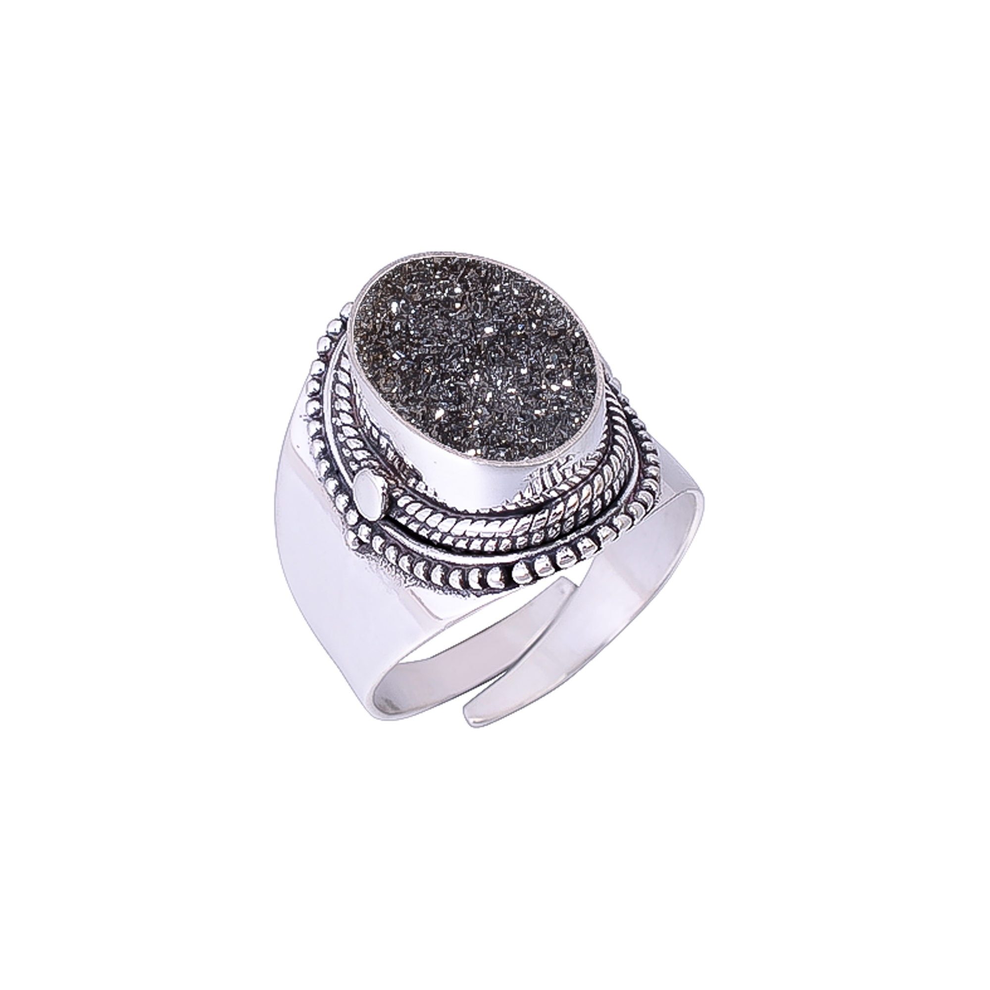 Black Titanium Agate Drusy 925 Sterling Silver Ring