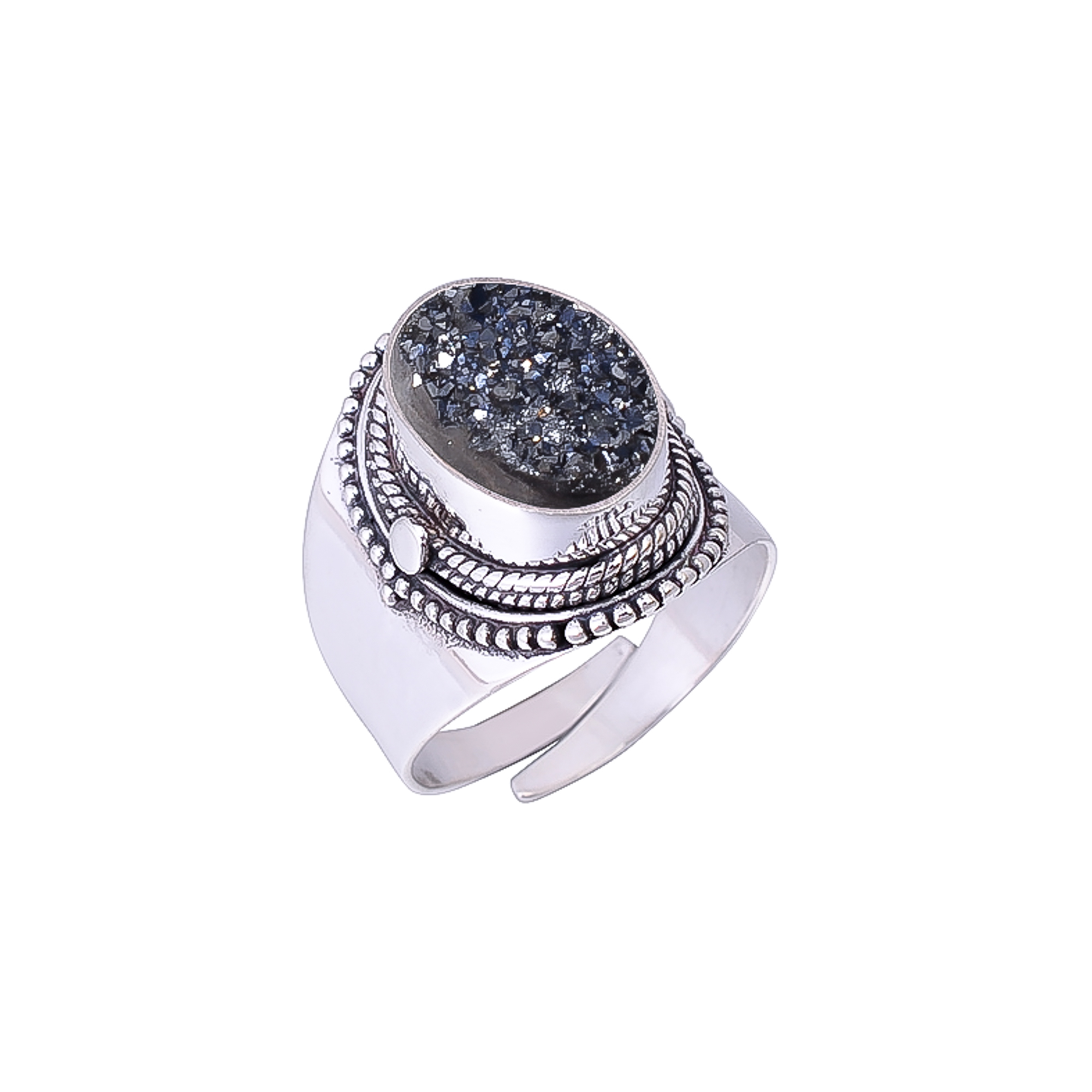 Black Titanium Agate Drusy 925 Sterling Silver Ring
