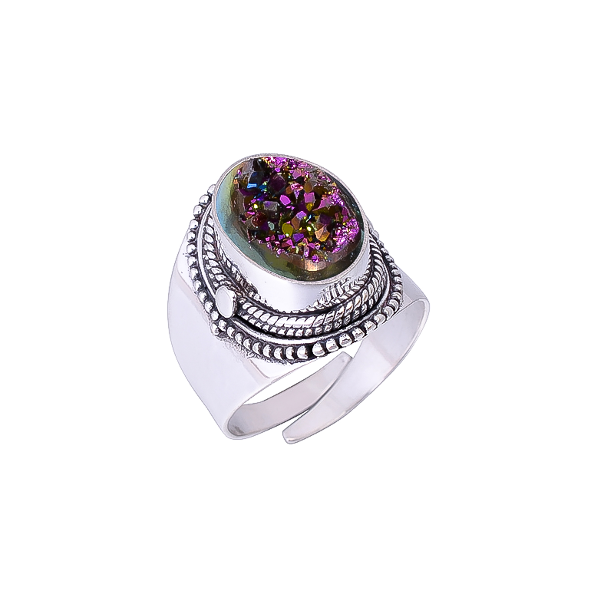 Peacock Titanium Agate Drusy 925 Sterling Silver Ring