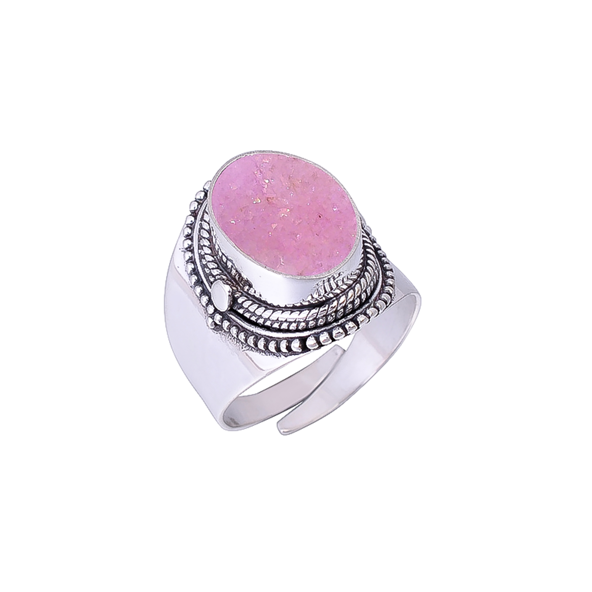 Pink Quartz Drusy - India 925 Sterling Silver Ring