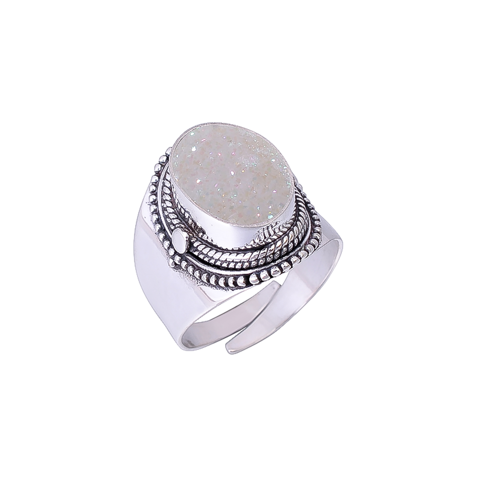 Snow White Titanium Agate Drusy 925 Sterling Silver Ring