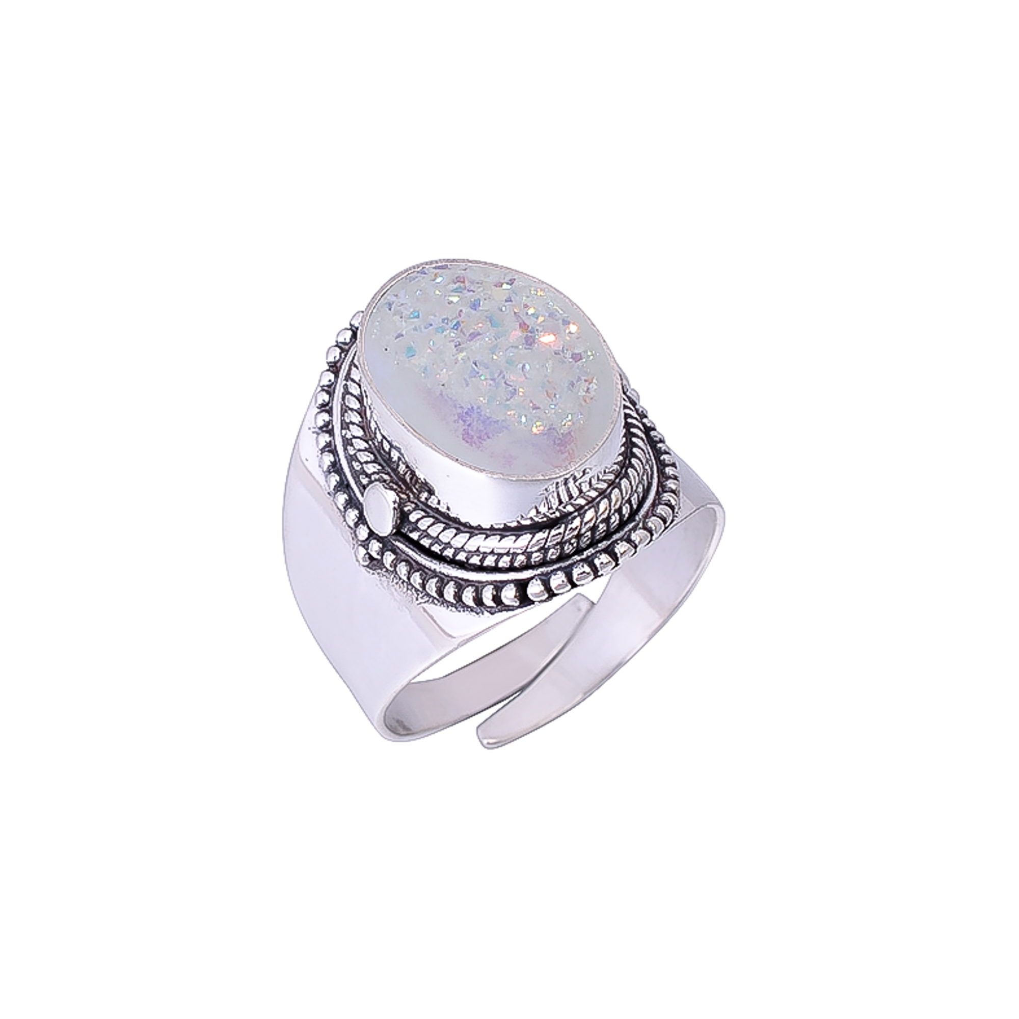 Snow White Titanium Agate Drusy 925 Sterling Silver Ring