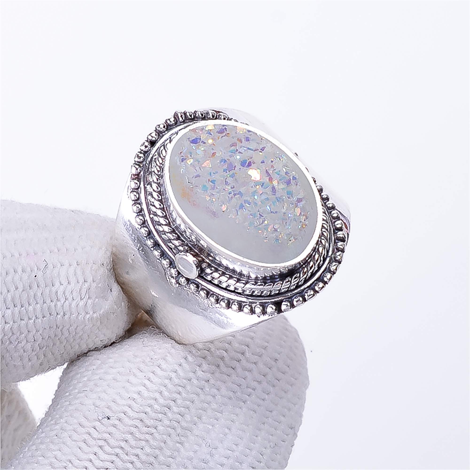 Snow White Titanium Agate Drusy 925 Sterling Silver Ring
