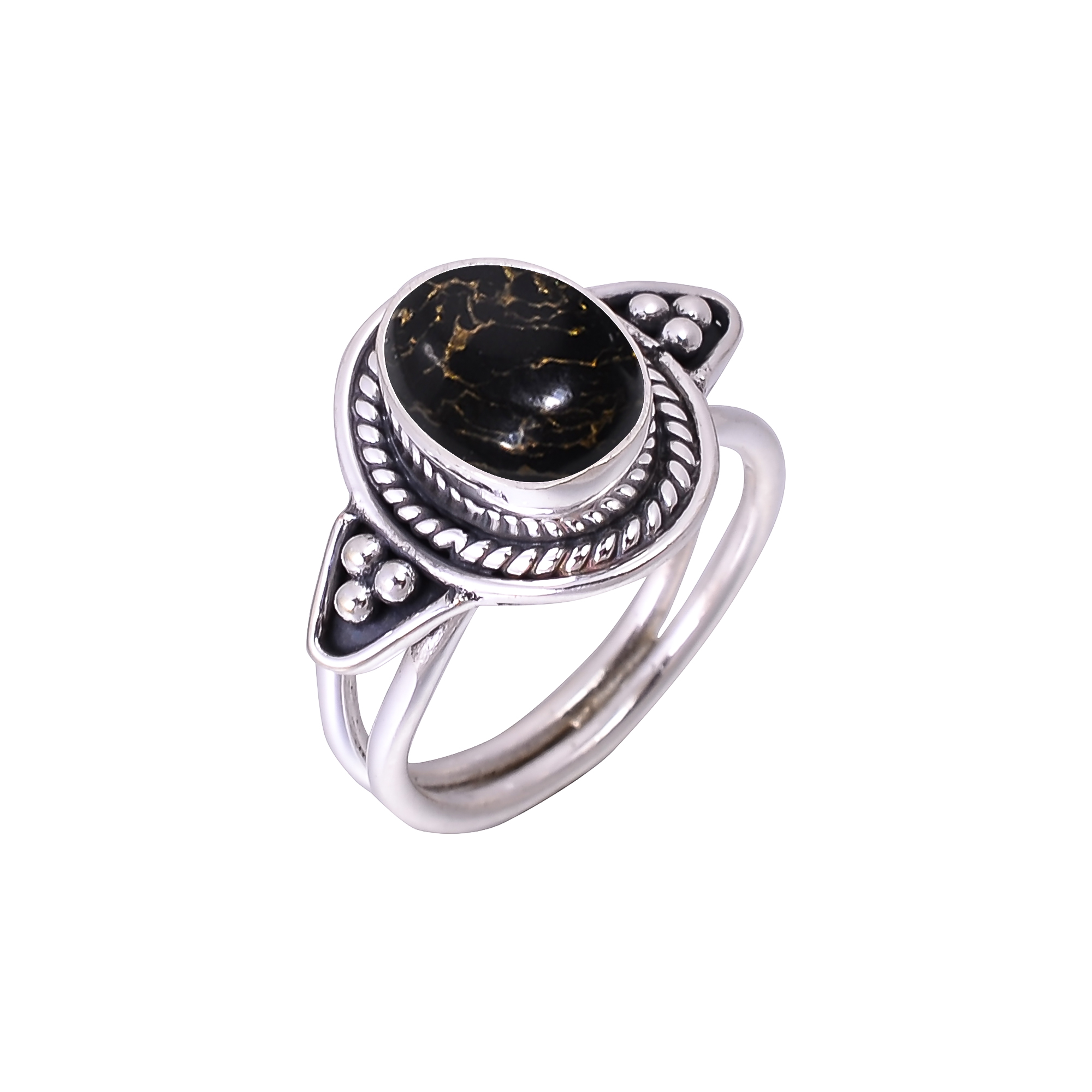Copper Black Turquoise - Simulated Designer  Handmade Oxidised 925 Sterling Silver Ring