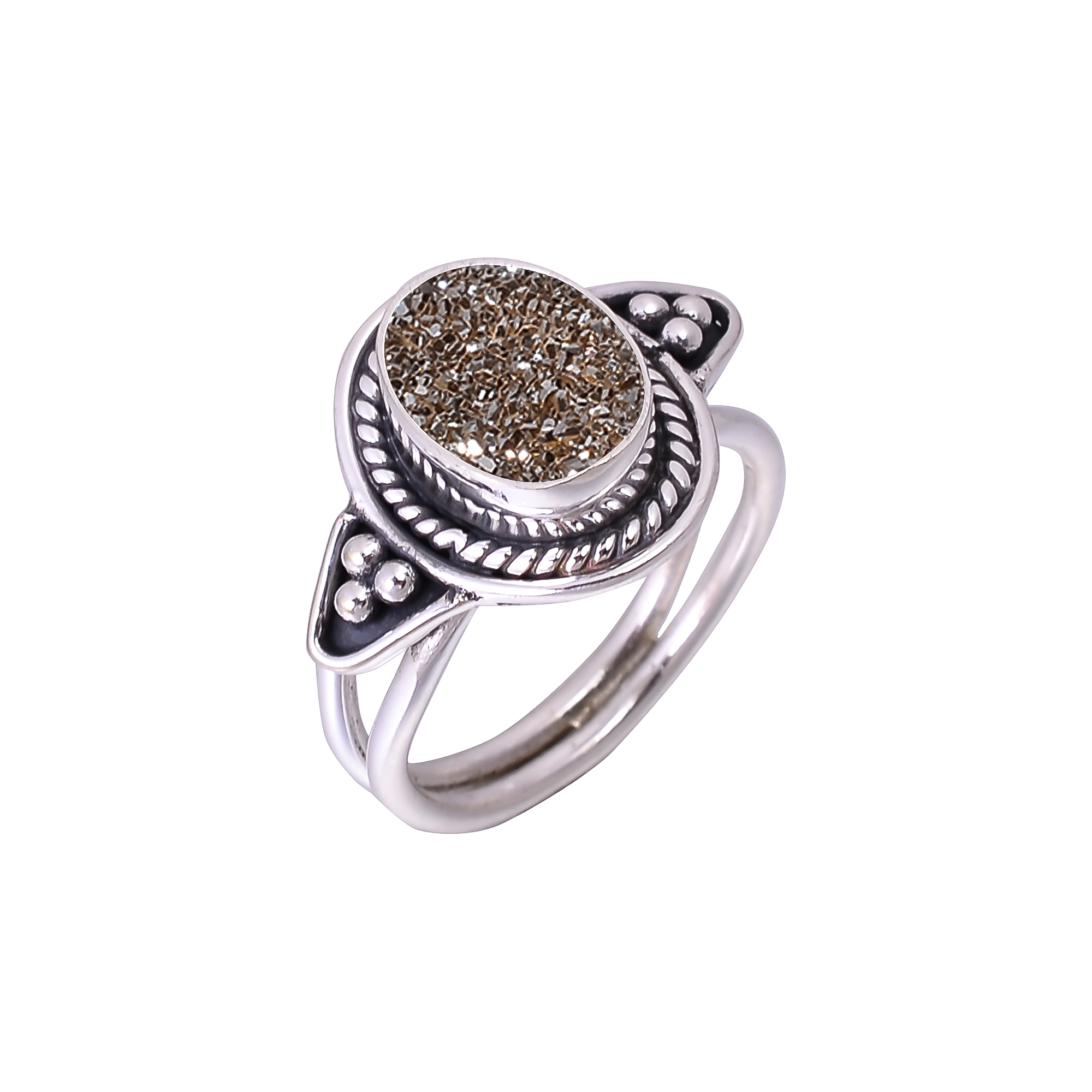 Black Titanium Agate Drusy Designer  Handmade Oxidised 925 Sterling Silver Ring