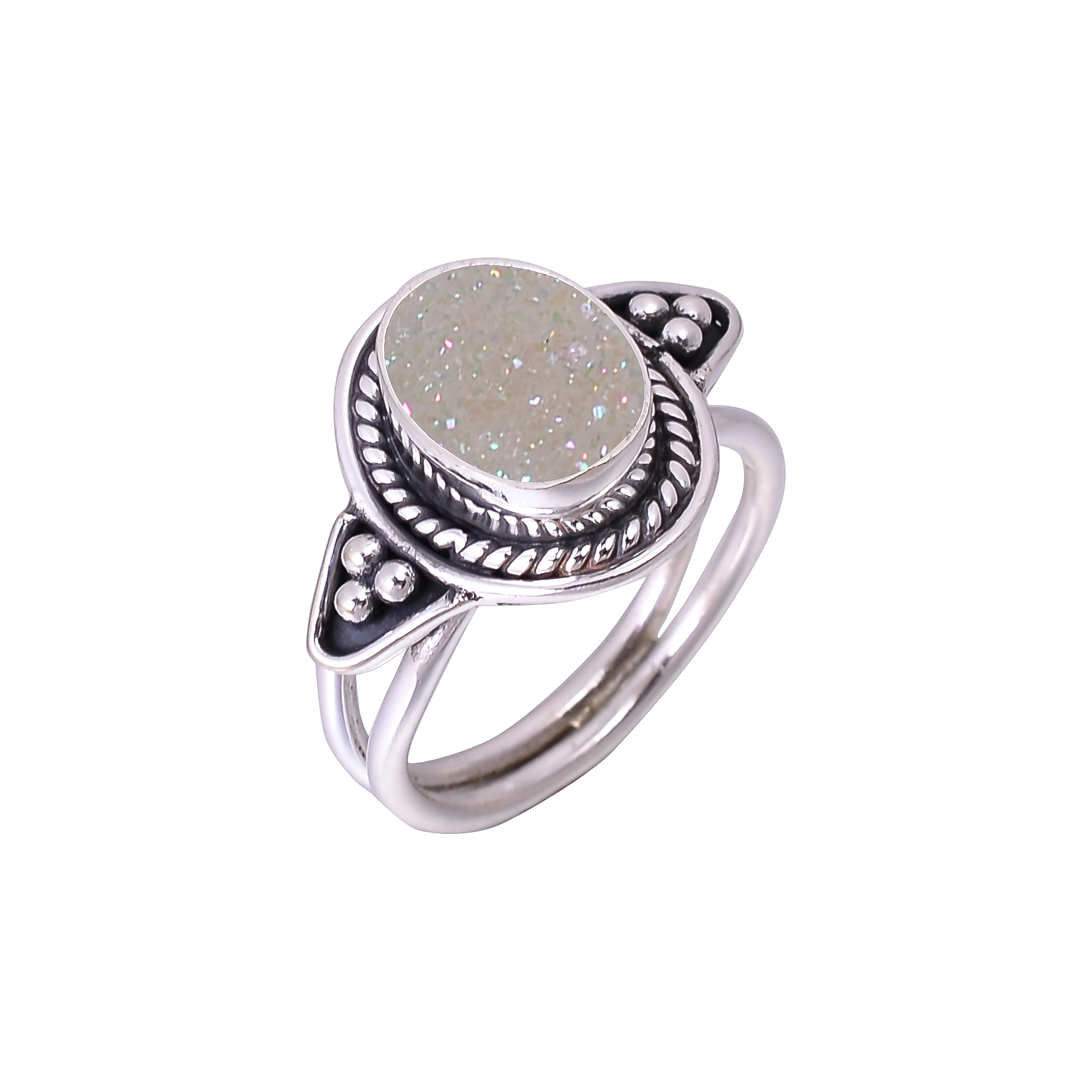 Snow White Titanium Agate Drusy Designer  Handmade Oxidised 925 Sterling Silver Ring