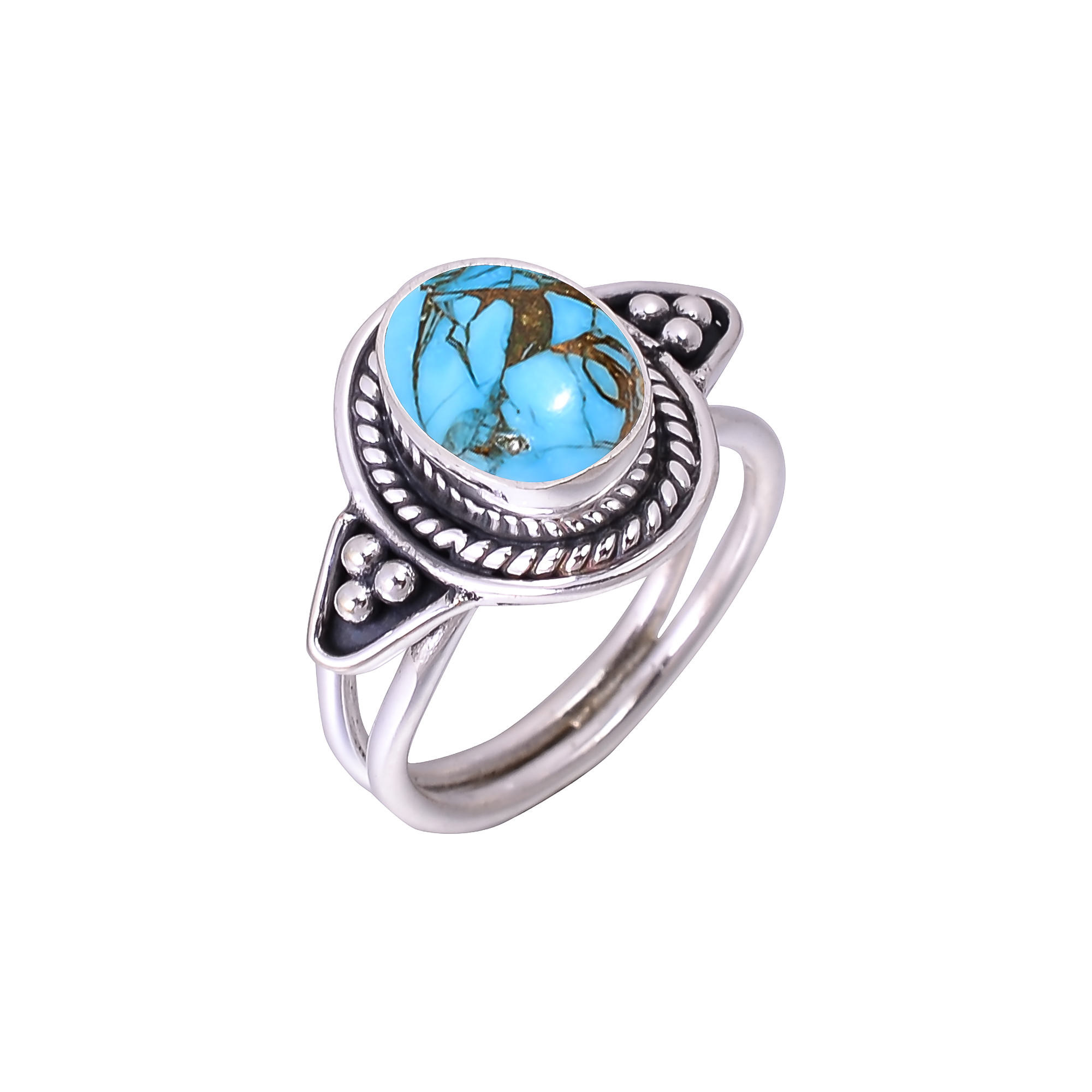 Copper Blue Turquoise Designer  Handmade Oxidised 925 Sterling Silver Ring
