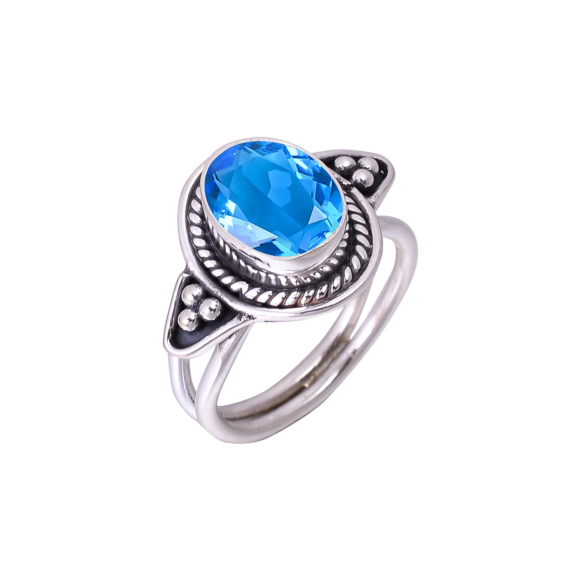 Blue Topaz - Simulated Designer  Handmade Oxidised 925 Sterling Silver Ring