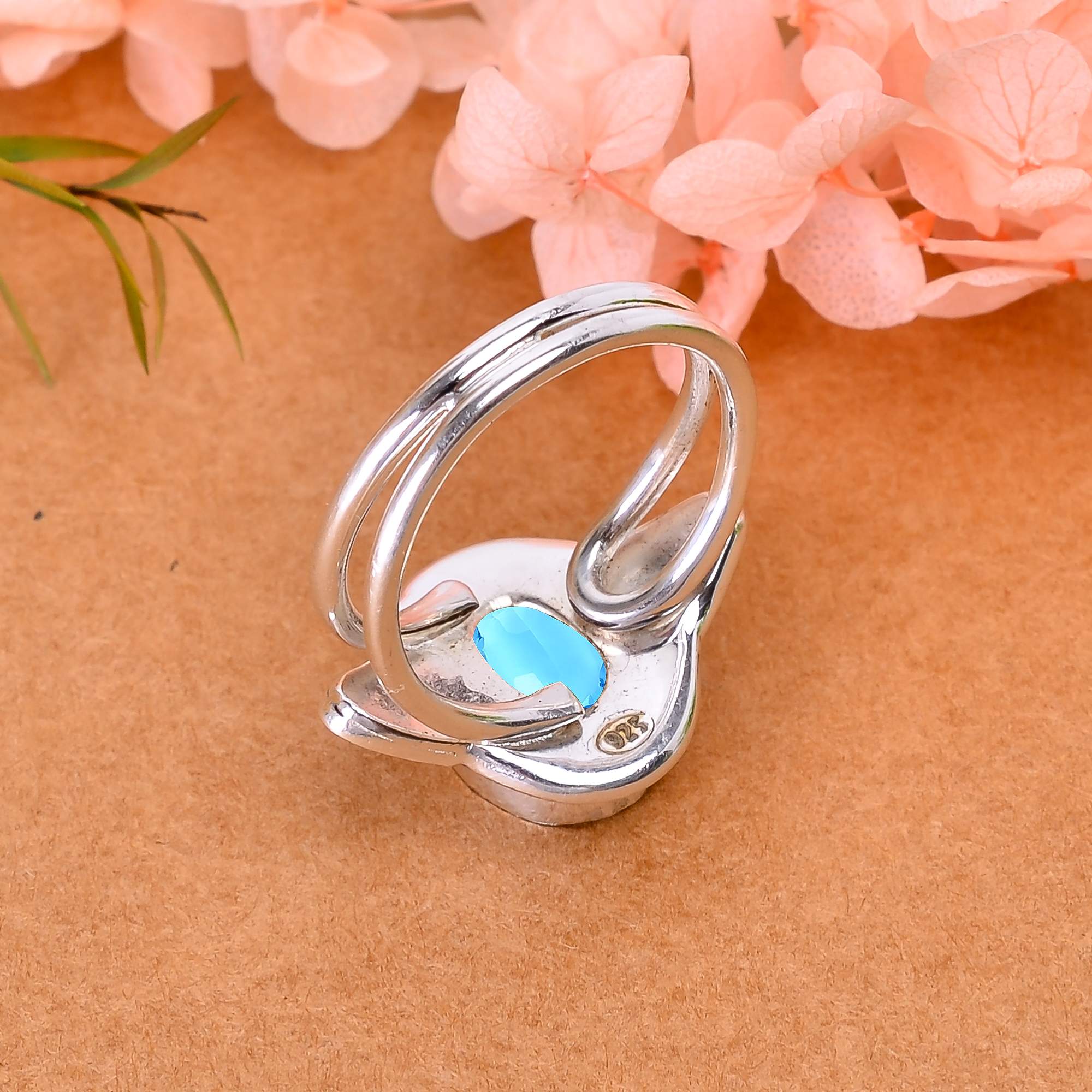 Blue Topaz - Simulated Designer  Handmade Oxidised 925 Sterling Silver Ring