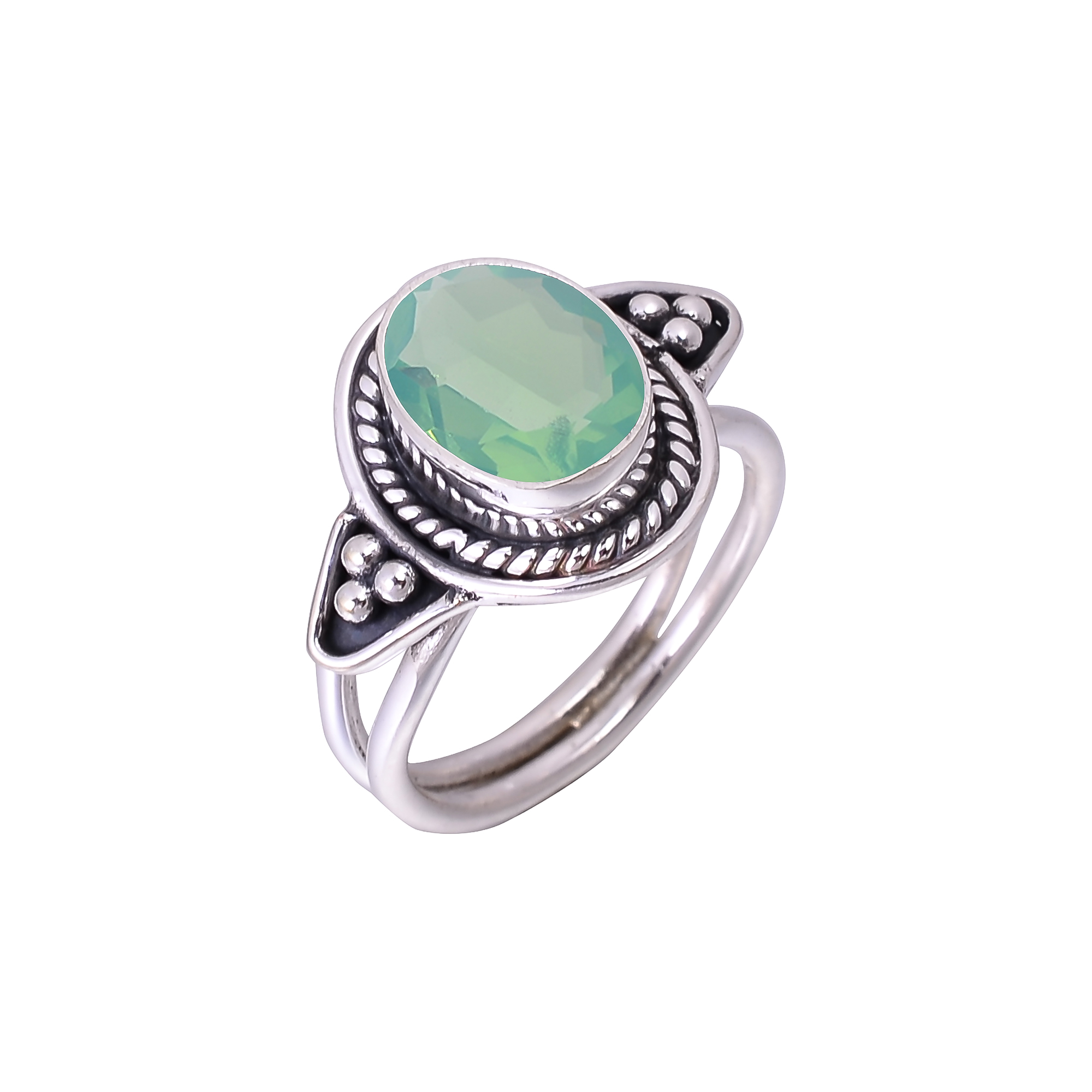 Green Milky Opal - Simulated Designer  Handmade Oxidised 925 Sterling Silver Ring