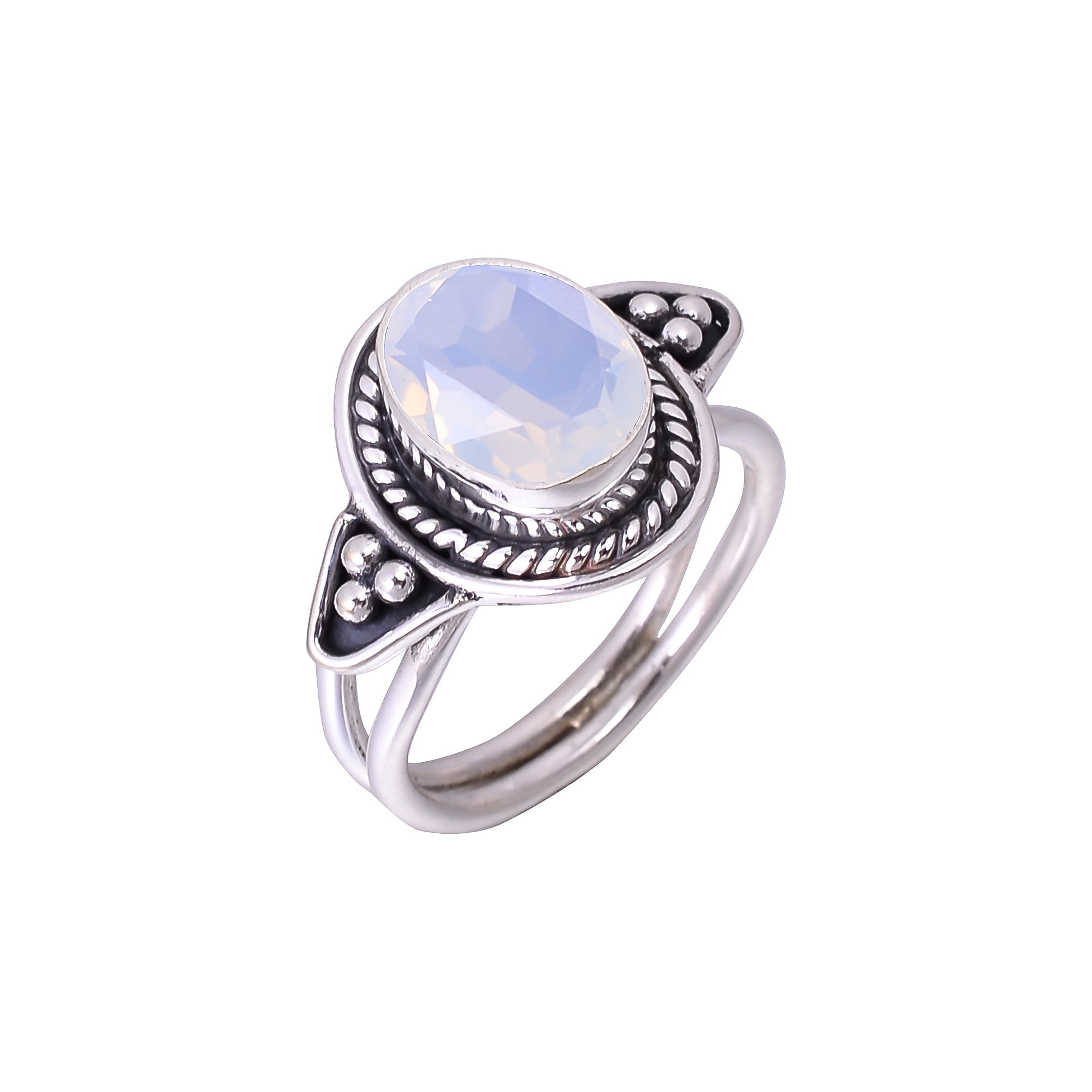 Milky Opal - Simulated Designer  Handmade Oxidised 925 Sterling Silver Ring