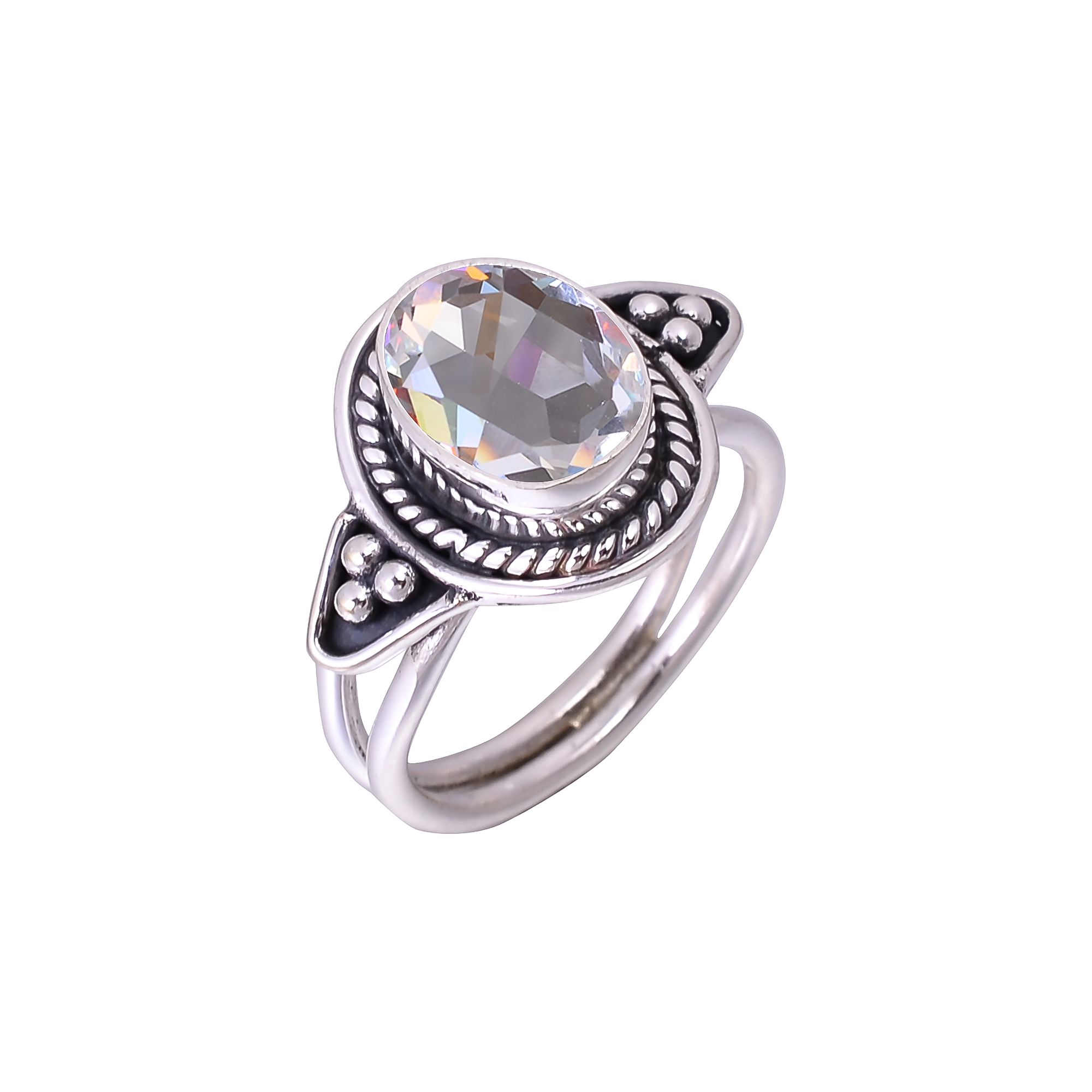 White Rainbow Mystic Fire Topaz - Simulated Designer  Handmade Oxidised 925 Sterling Silver Ring