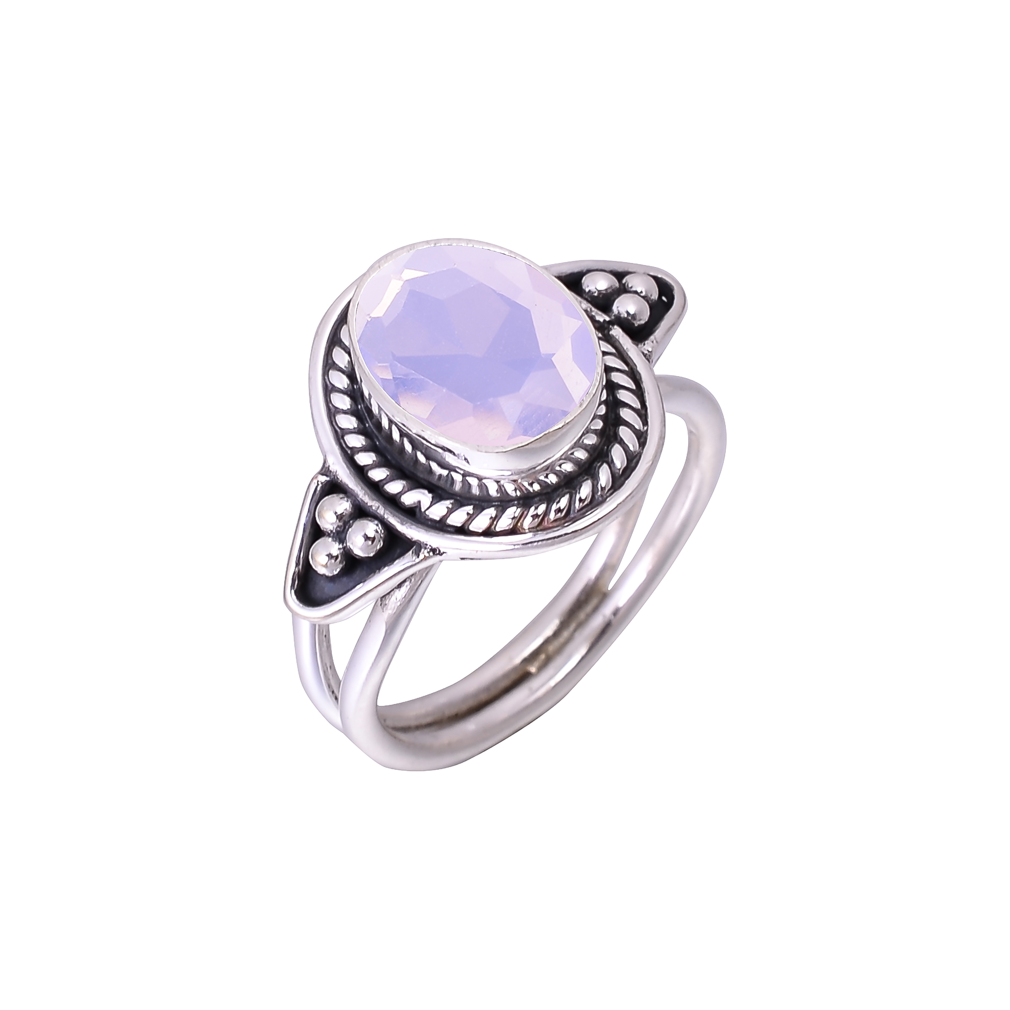 Milky Pink Opal - Simulated Designer  Handmade Oxidised 925 Sterling Silver Ring