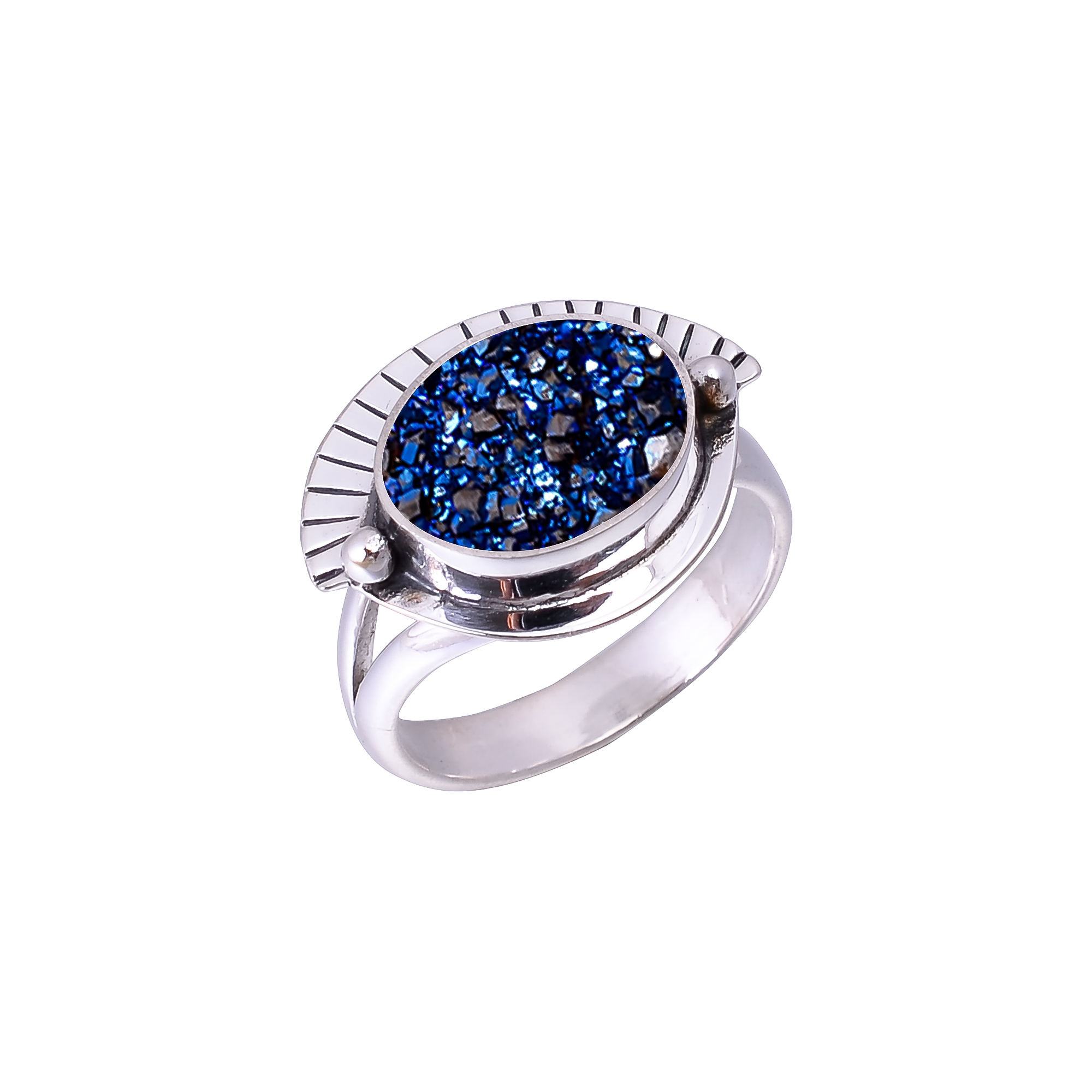 Electric Blue Titanium Agate Drusy Designer Handmade 925 Sterling Silver Ring