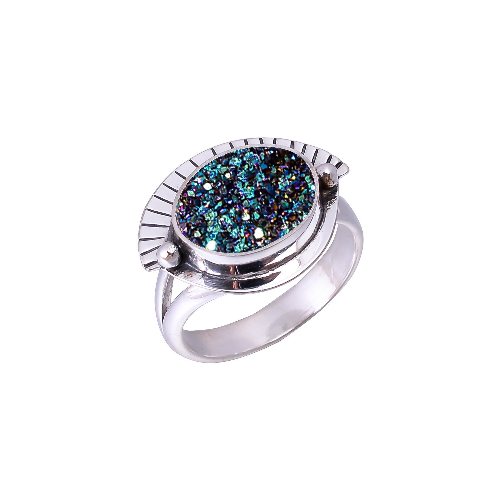 Peacock Titanium Agate Drusy Designer Handmade 925 Sterling Silver Ring