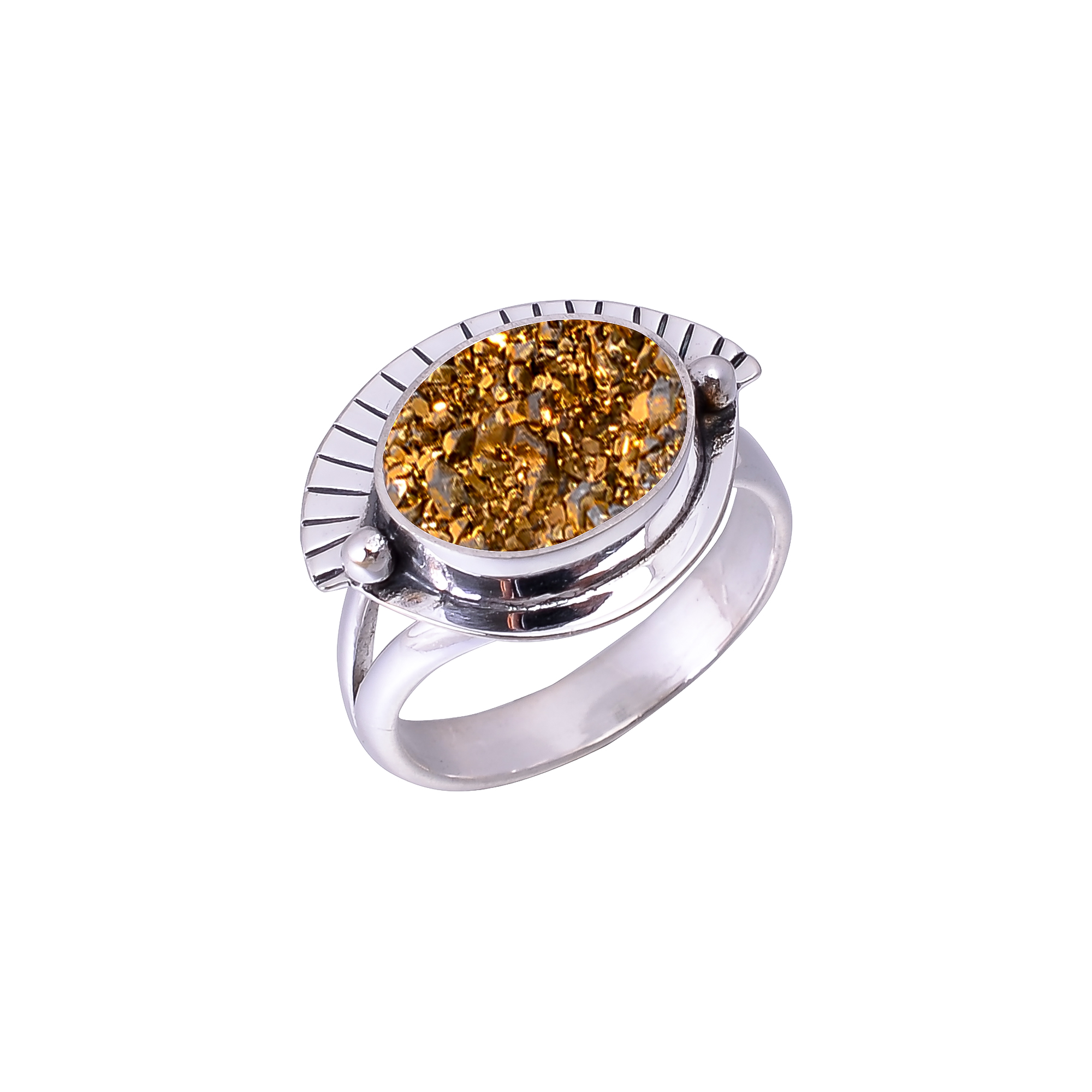 Golden Titanium Agate Drusy Designer Handmade 925 Sterling Silver Ring
