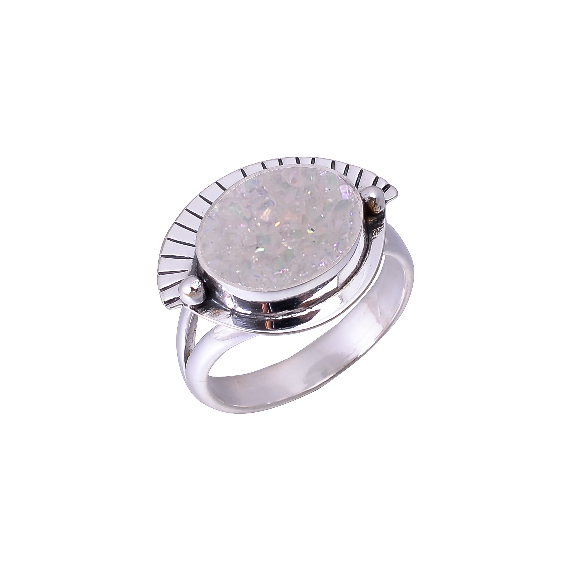 Snow White Titanium Agate Drusy Designer Handmade 925 Sterling Silver Ring