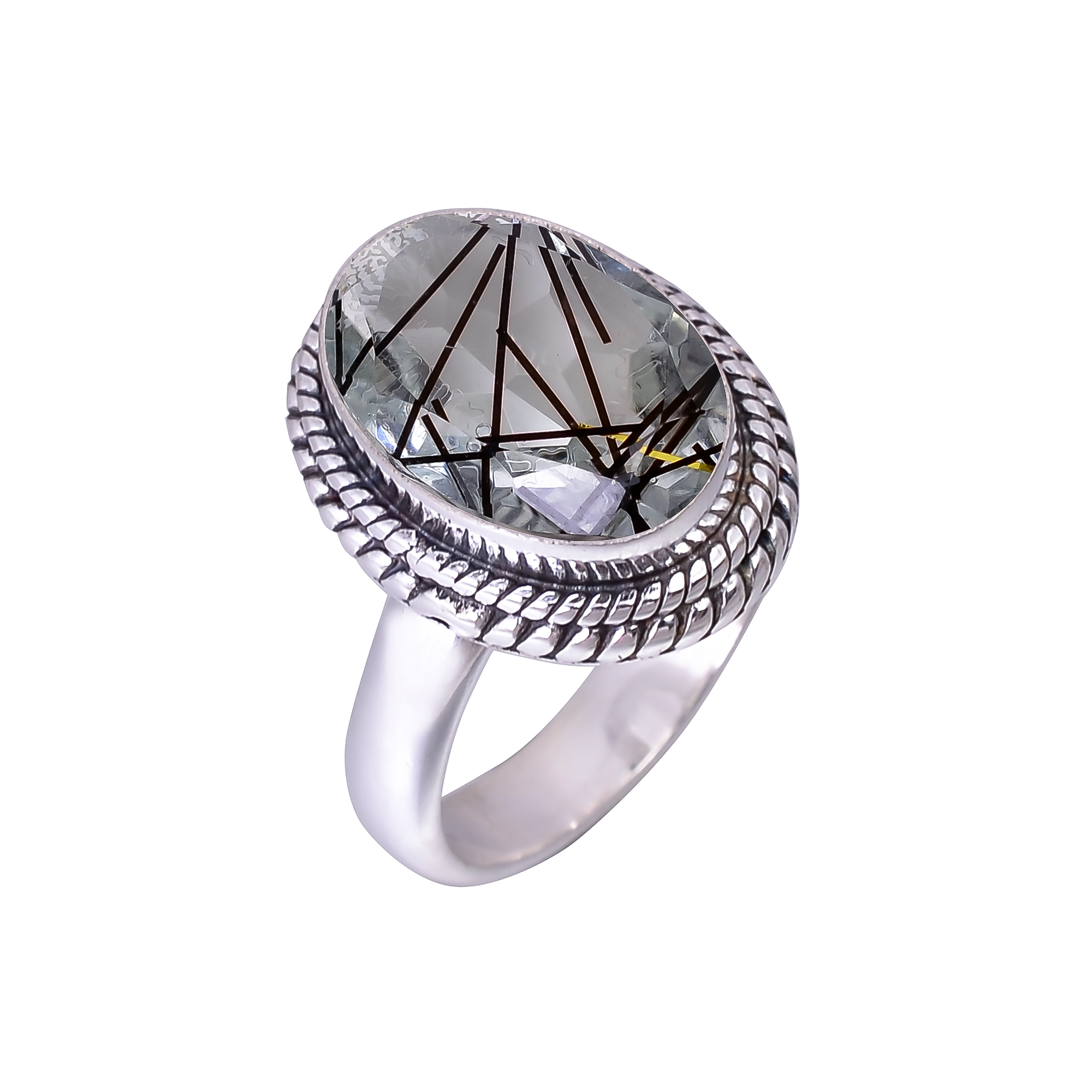 Black Rutilated Quartz - Simulated 925 Sterling Silver Ring