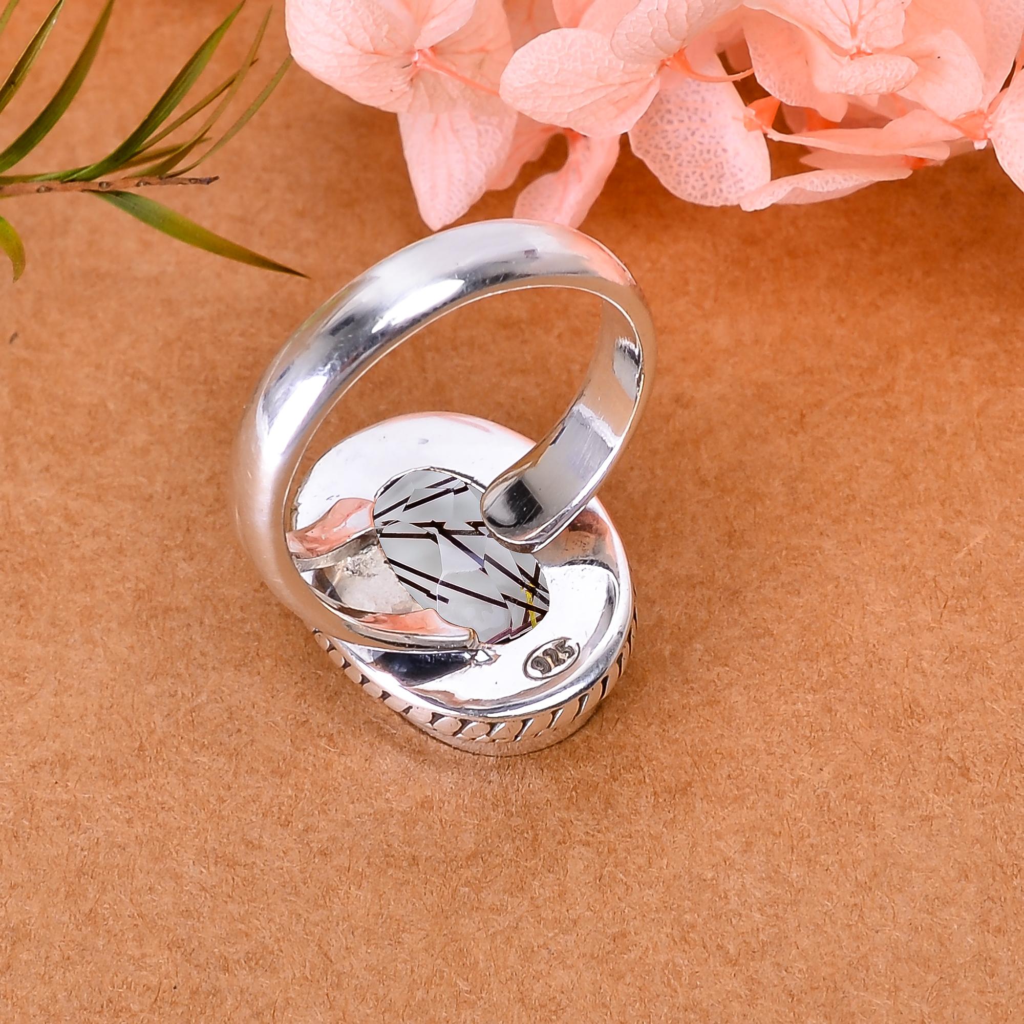Black Rutilated Quartz - Simulated 925 Sterling Silver Ring