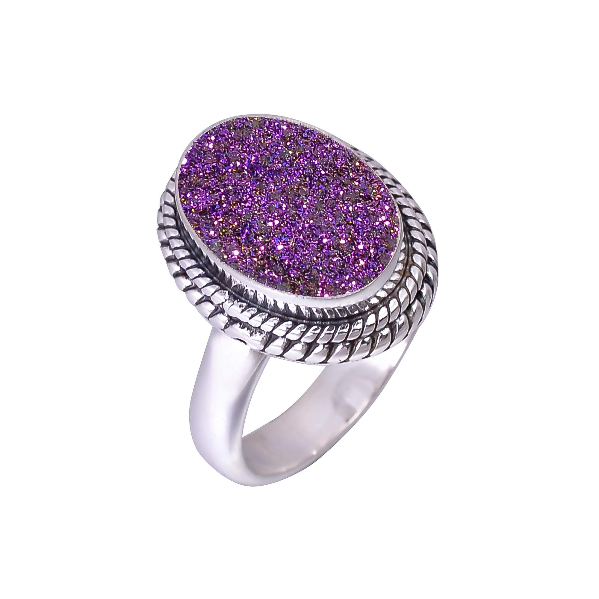 Purple Titanium Agate Drusy 925 Sterling Silver Ring