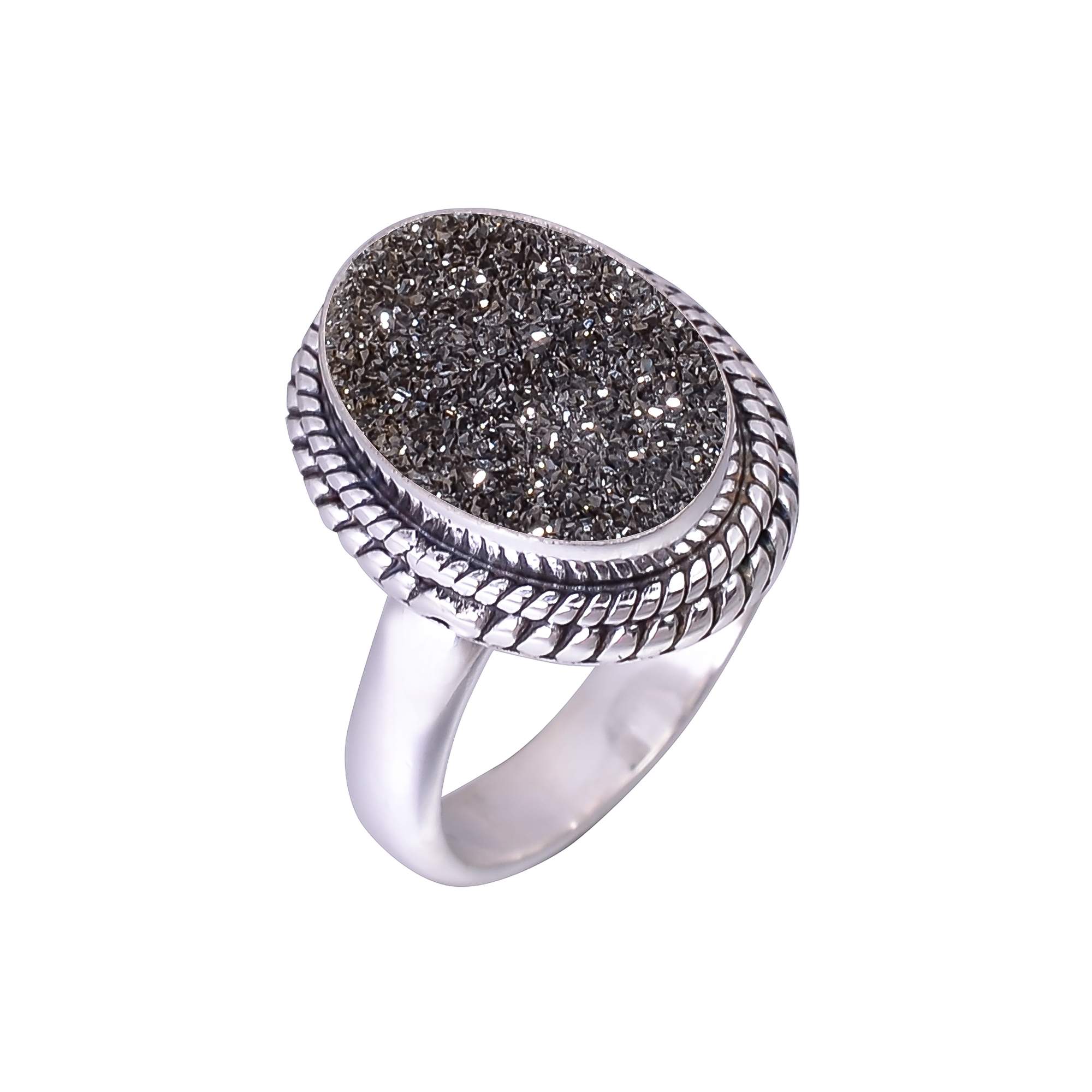 Black Titanium Agate Drusy 925 Sterling Silver Ring