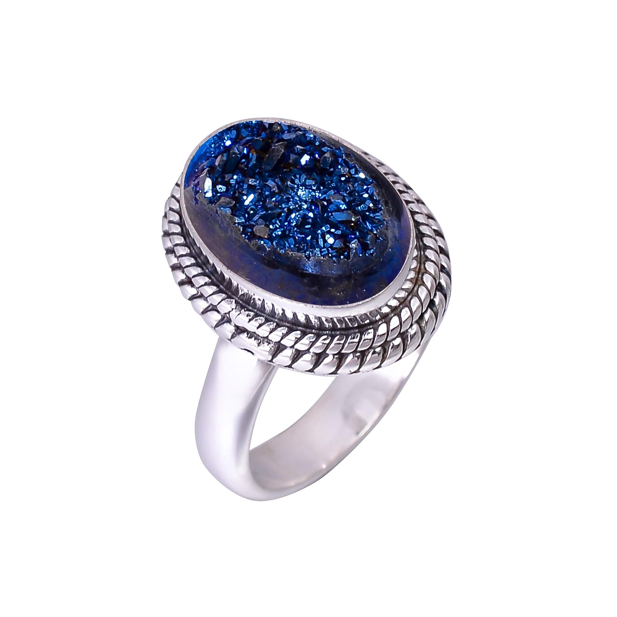 Electric Blue Titanium Agate Drusy 925 Sterling Silver Ring