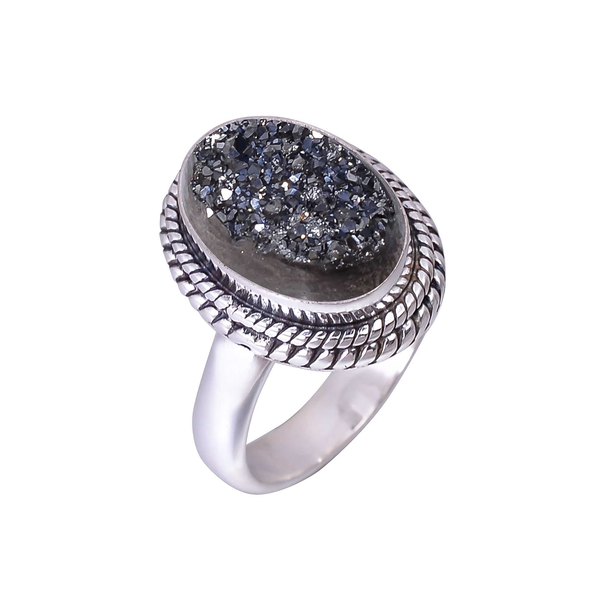 Black Titanium Agate Drusy 925 Sterling Silver Ring