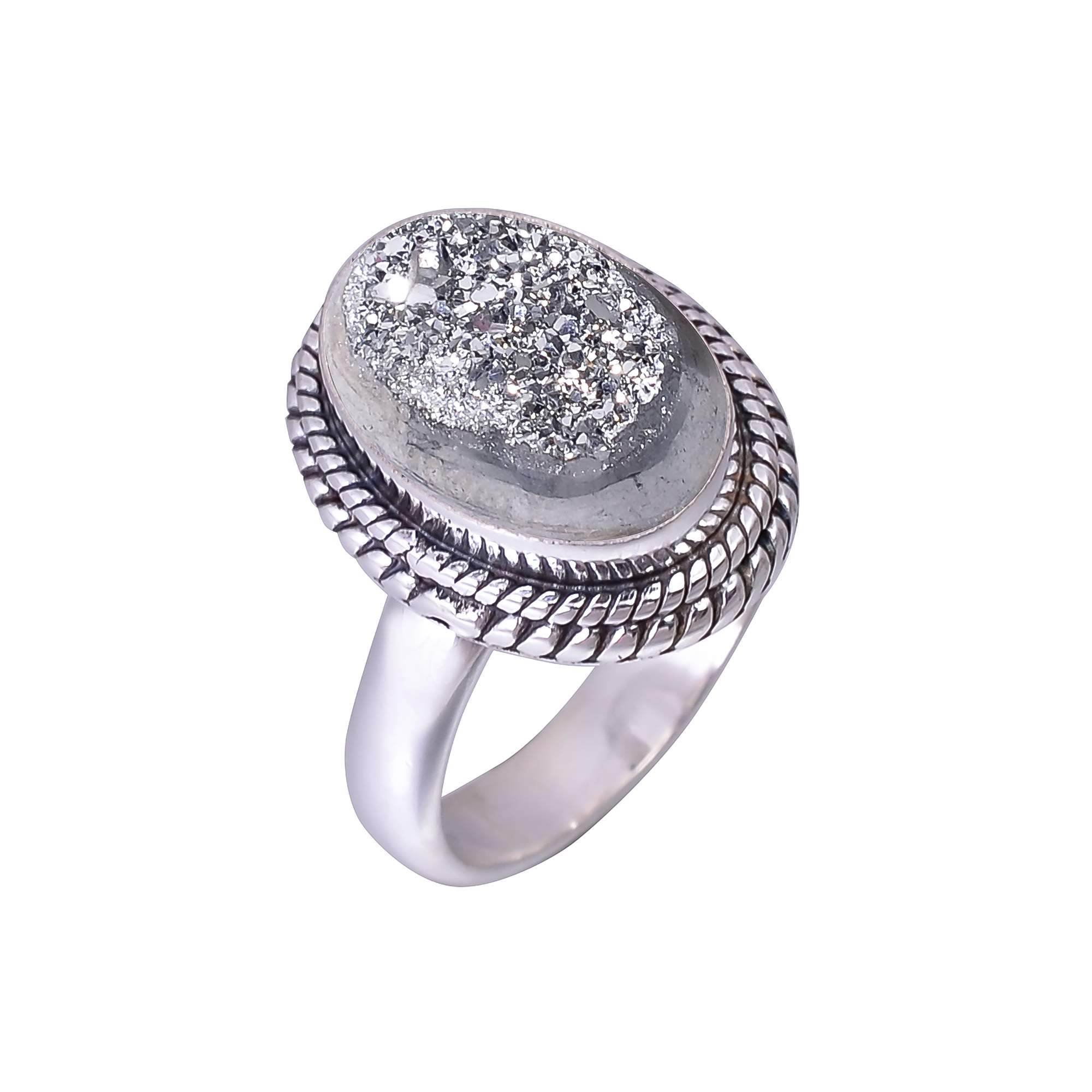 Silver Titanium Agate Drusy 925 Sterling Silver Ring