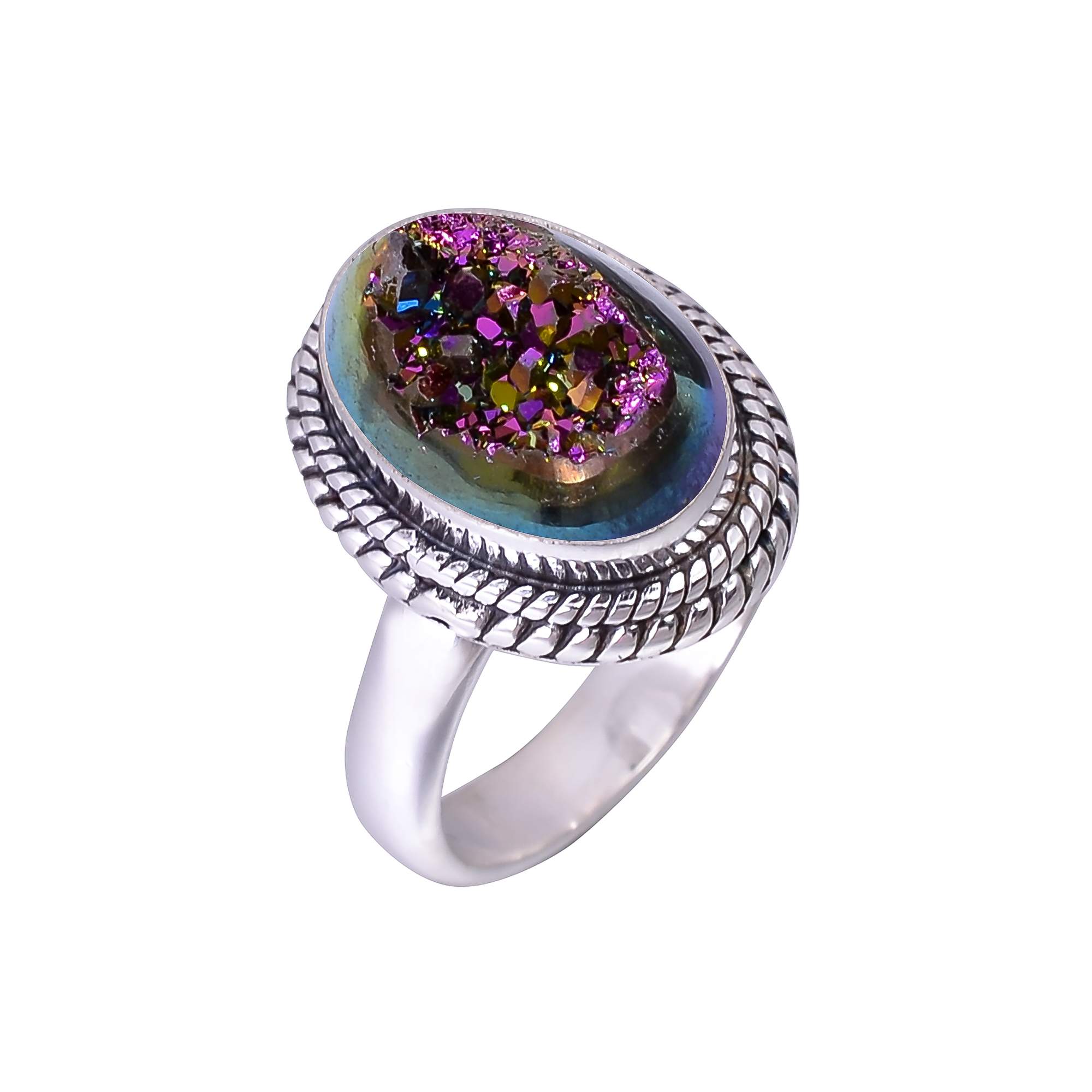 Peacock Titanium Agate Drusy 925 Sterling Silver Ring