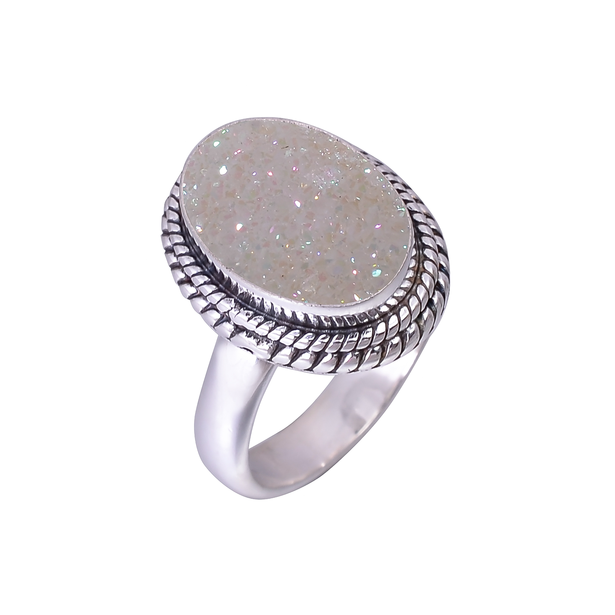 Snow White Titanium Agate Drusy 925 Sterling Silver Ring
