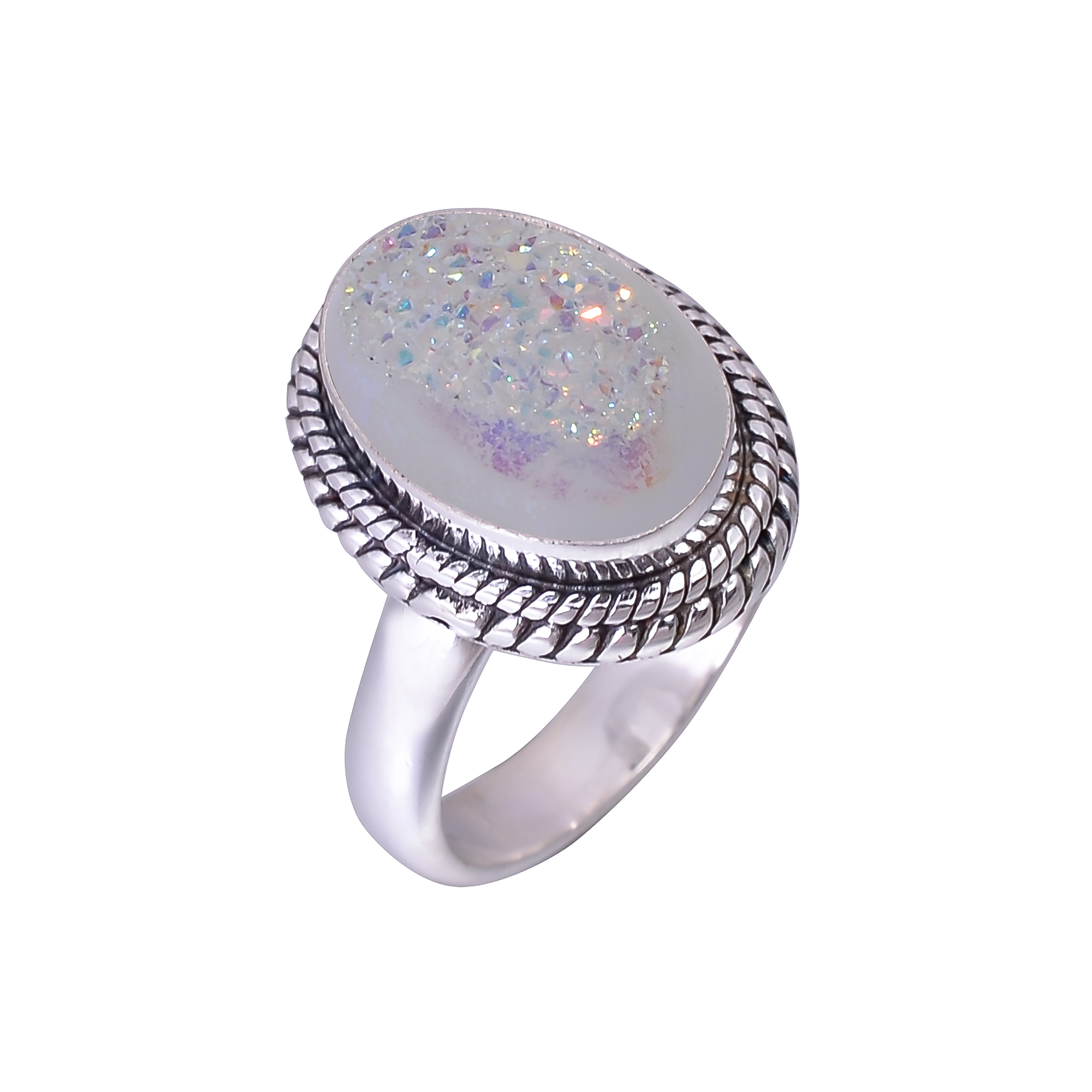 Snow White Titanium Agate Drusy 925 Sterling Silver Ring