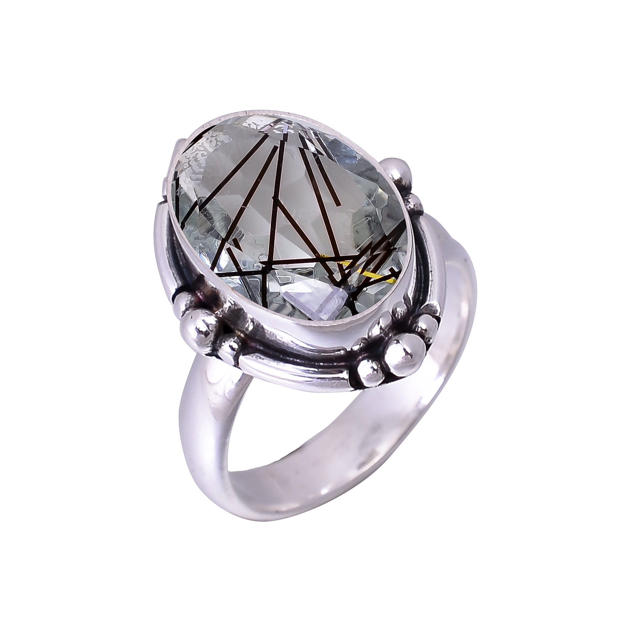 Black Rutilated Quartz - Simulated 925 Sterling Silver Ring