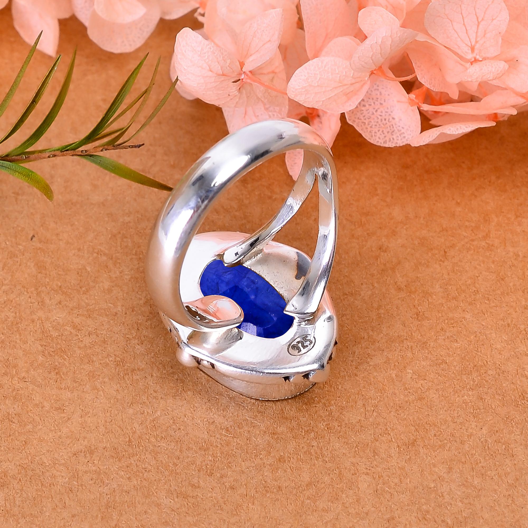 Blue Sapphire - Dyed Quartz 925 Sterling Silver Ring