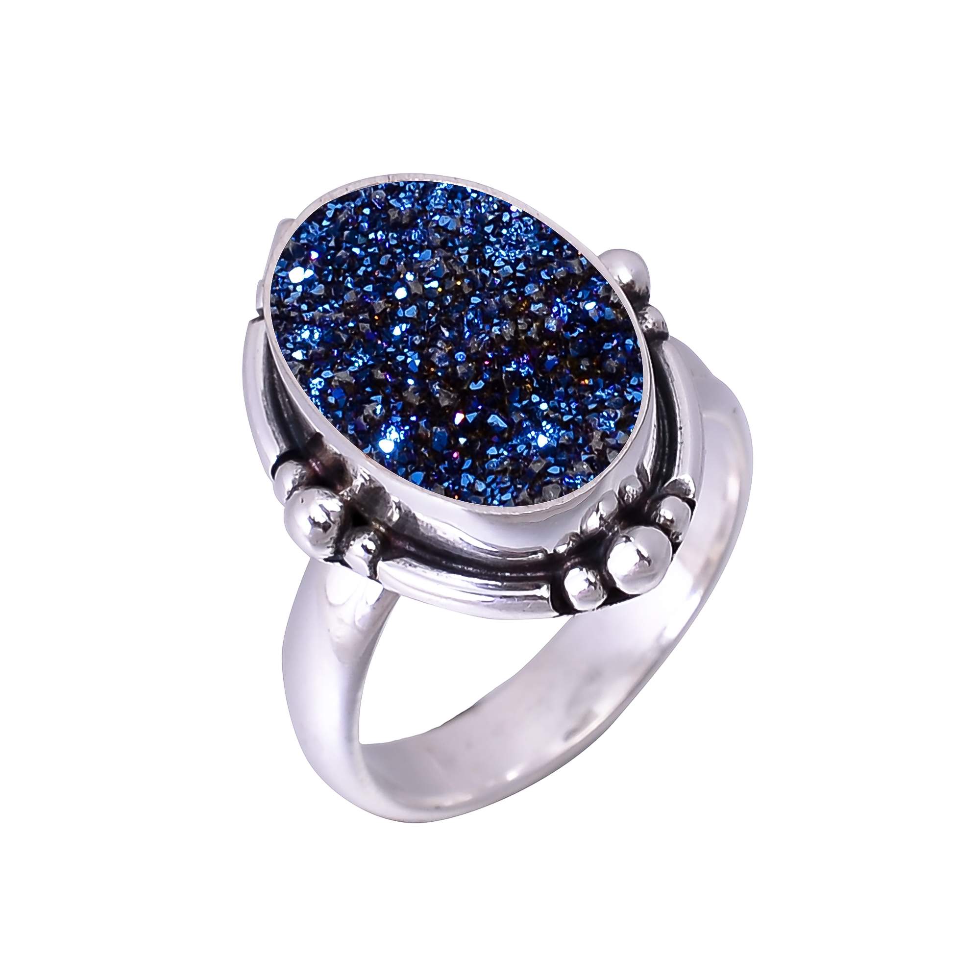 Electric Blue Titanium Agate Drusy 925 Sterling Silver Ring